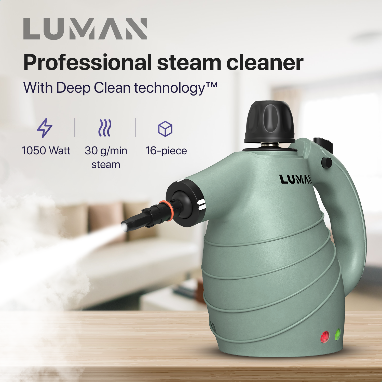 Un pulitore a vapore Luman verde chiaro emette vapore. 1050W, 30g/min.