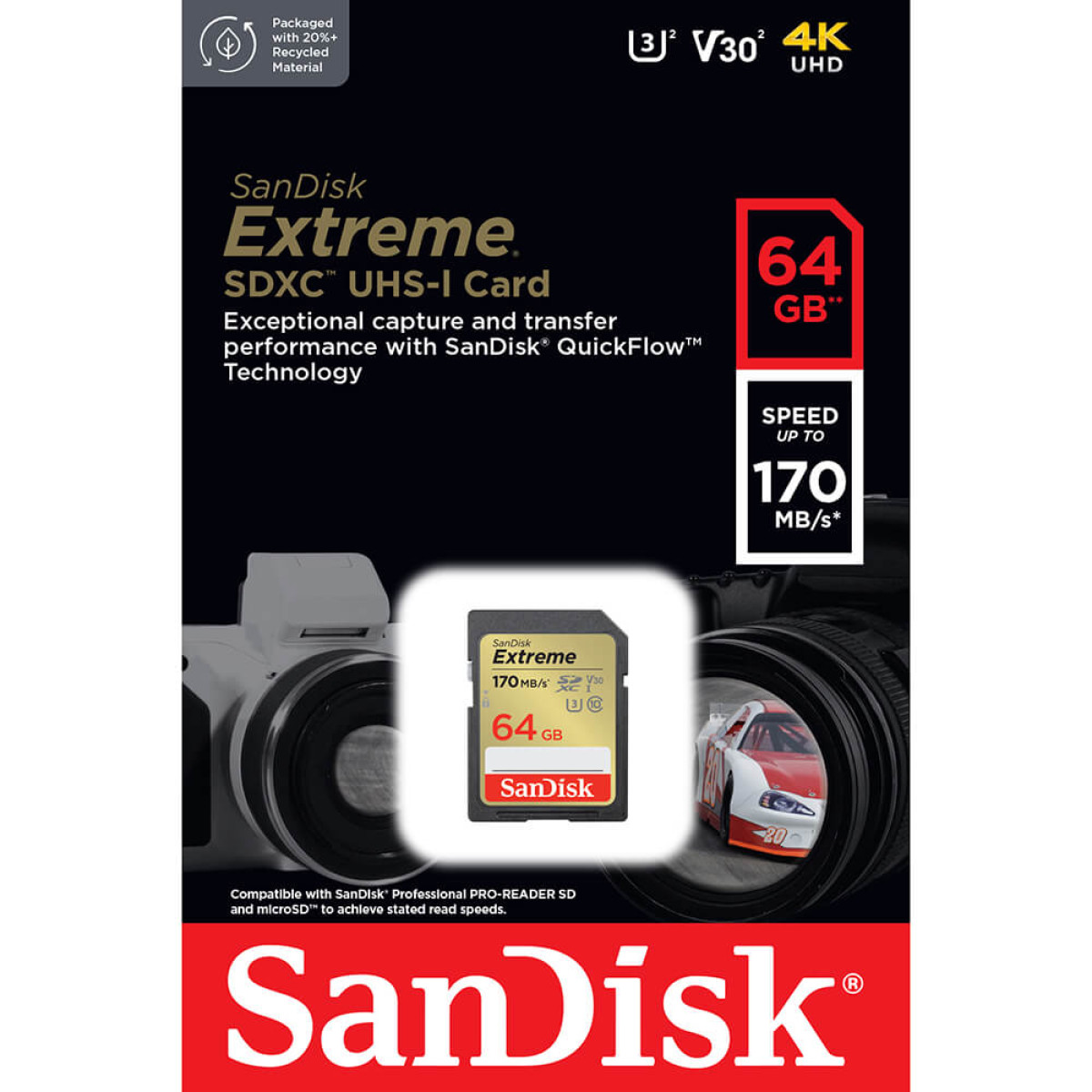 Carte SanDisk Extreme 64Go SDXC avec appareil photo et graphique de voiture de course.