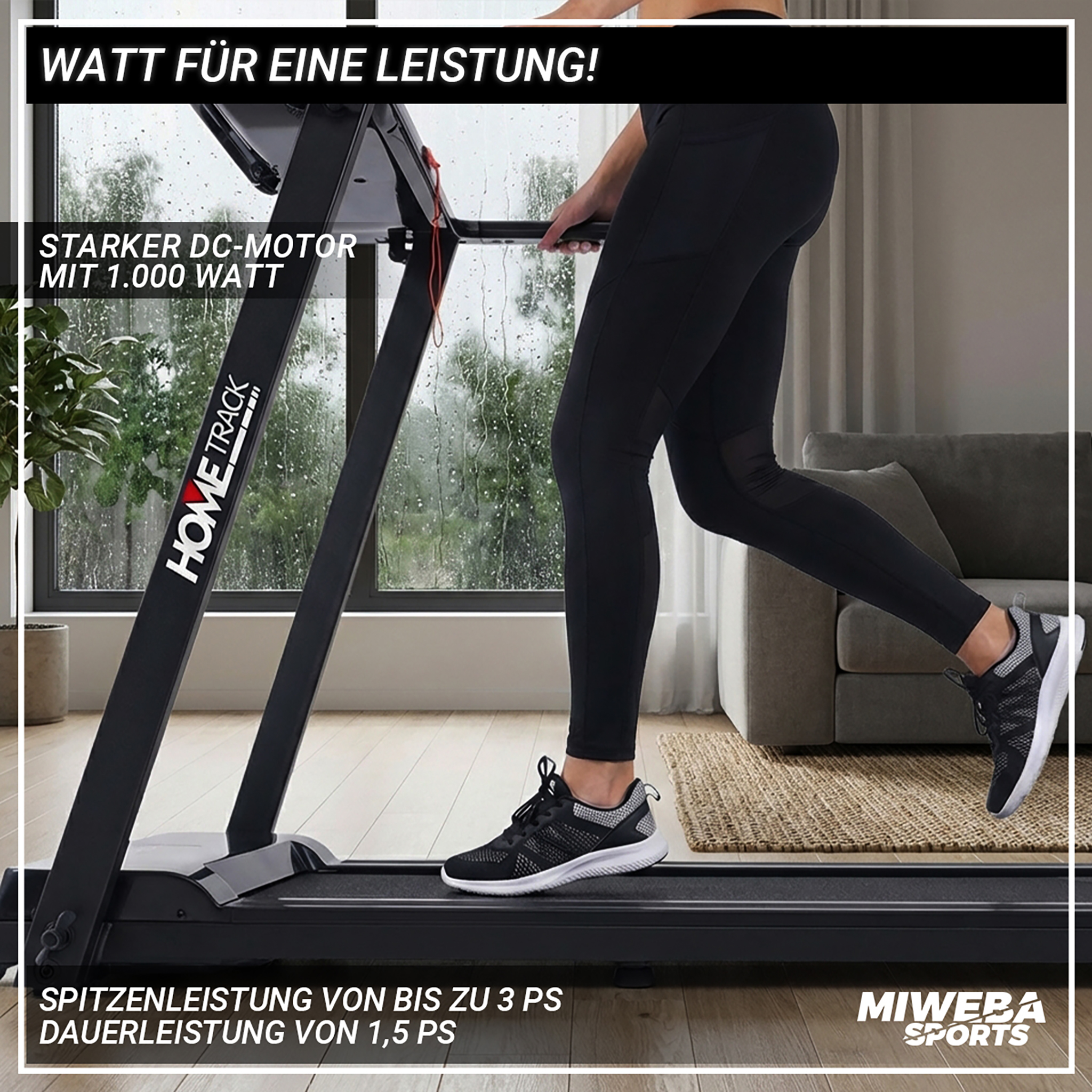 Eine Person läuft auf einem Laufband im Haus, draußen regnet es.
