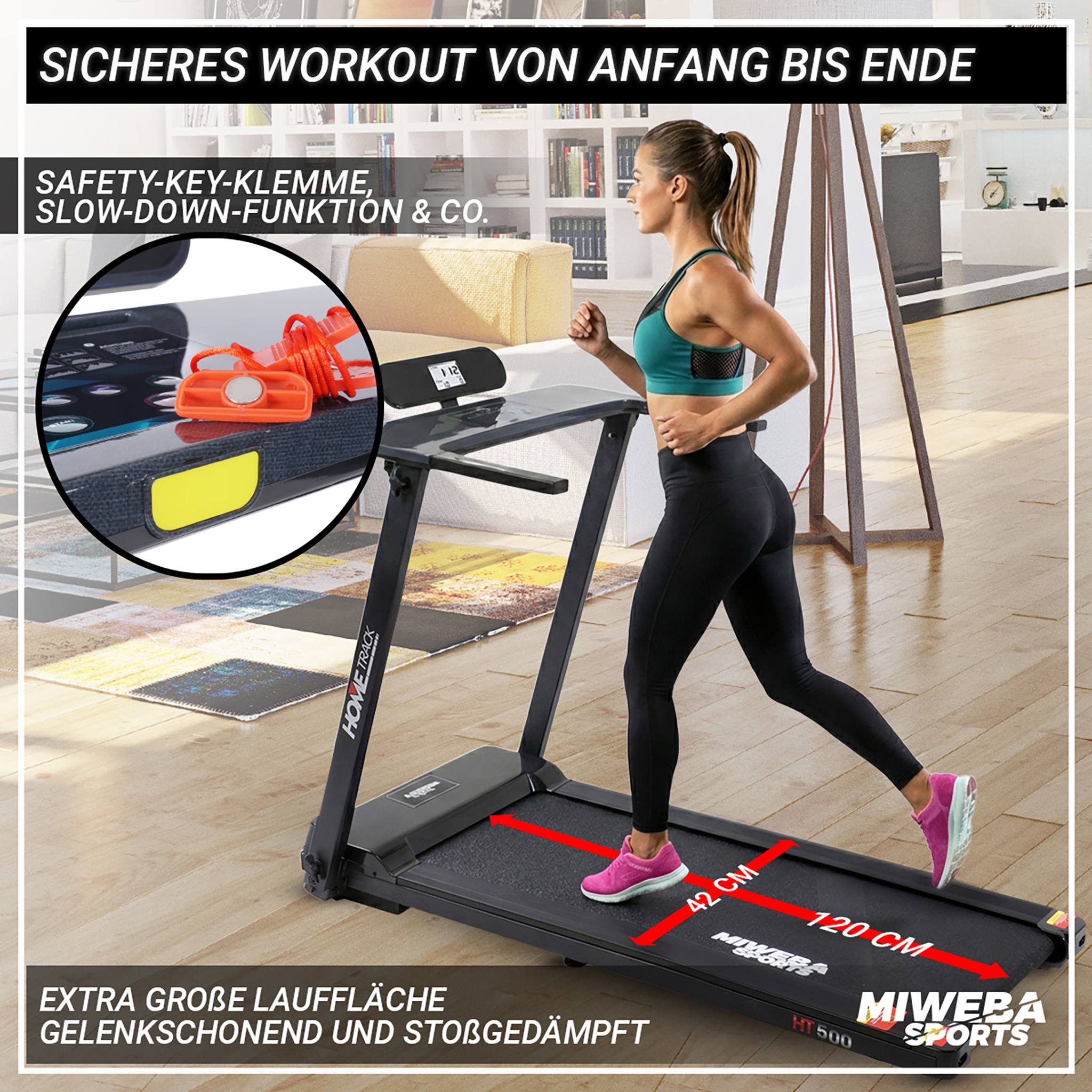Frau auf Laufband mit Sicherheitsclip und Maßangaben. Text über sicheres Training.