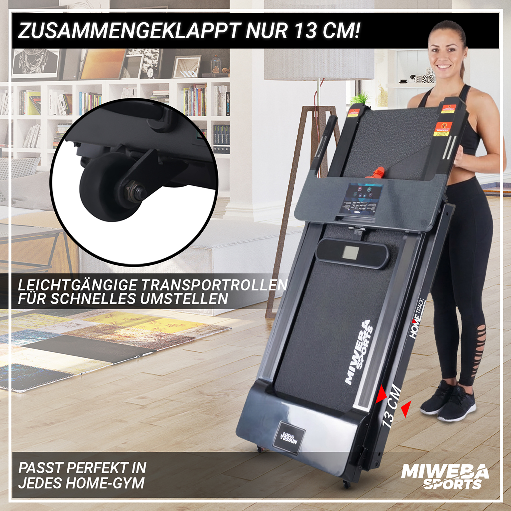 Eine Frau steht neben einem zusammenklappbaren Laufband, das nur 13 cm dick ist.