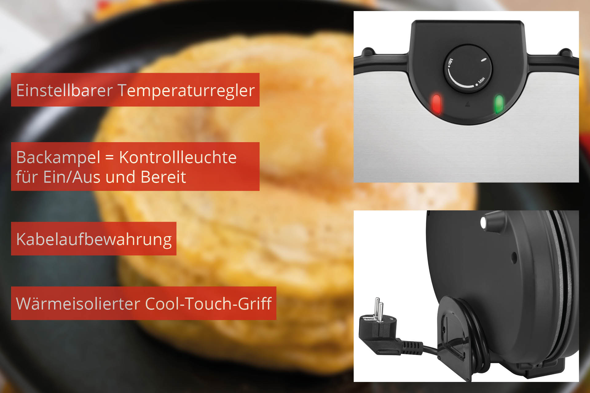 Regulator temperatury, lampka kontrolna, schowek na kabel, uchwyt cool-touch.