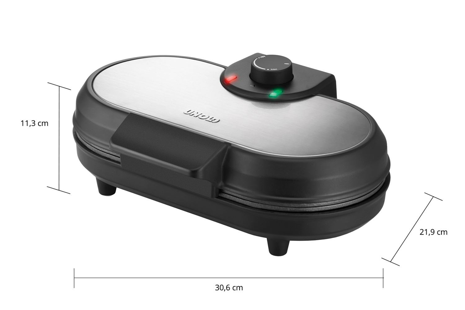 Czarna gofrownica z pokrywą ze stali nierdzewnej i pokrętłem. Podano wymiary.