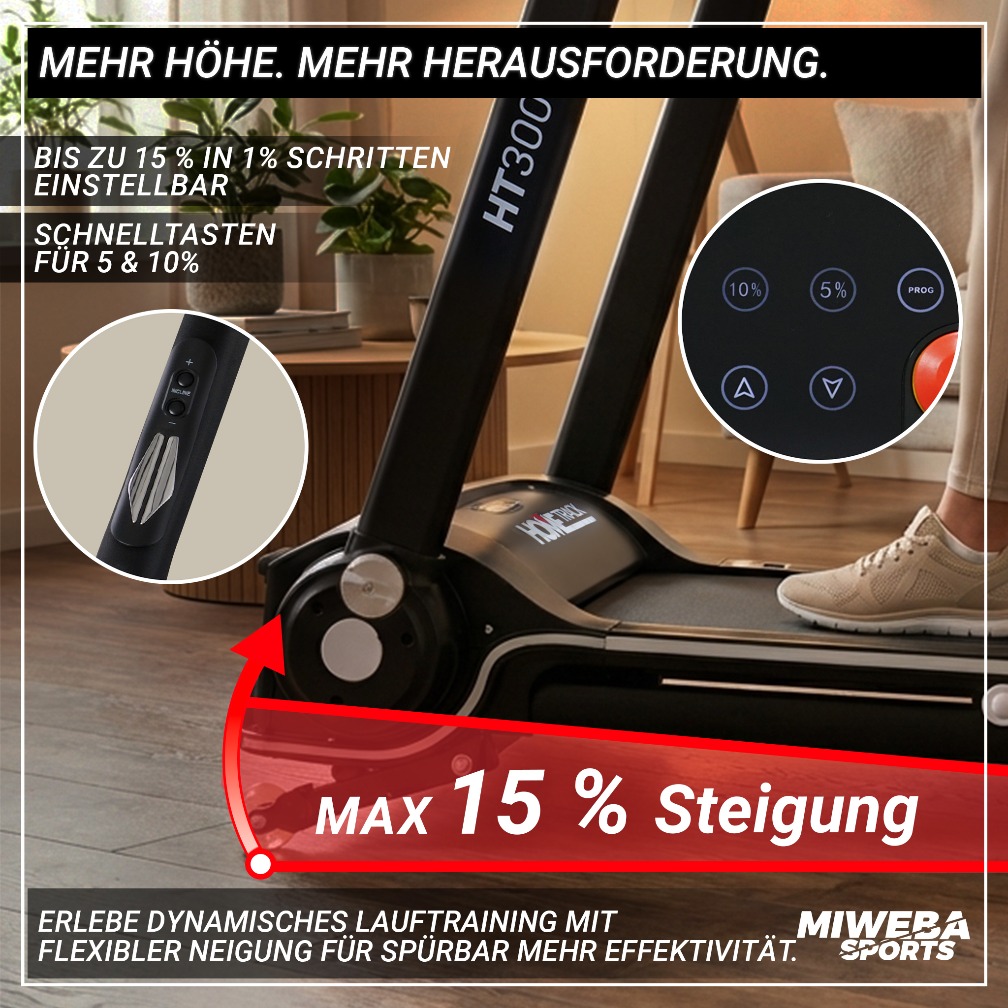 Laufband mit maximal 15% Steigung und Schnellwahltasten für 5 & 10%.