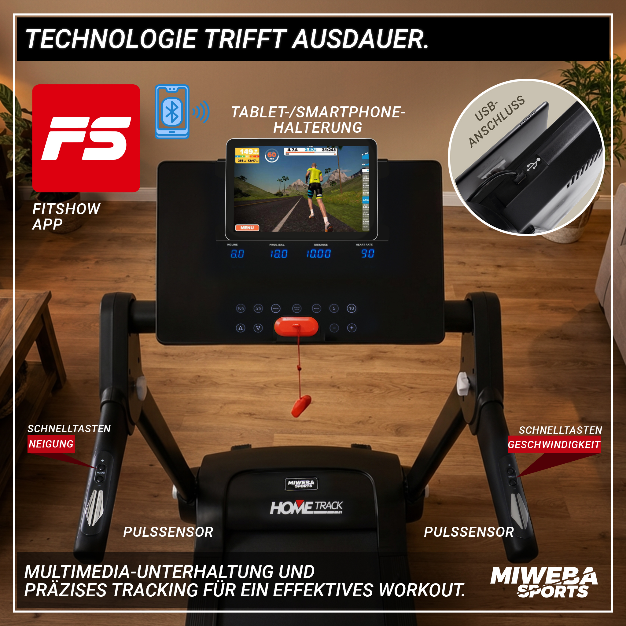 Laufband mit Tablet-Halterung, das eine virtuelle Laufstrecke anzeigt. Mit Schnellzugriffstasten.