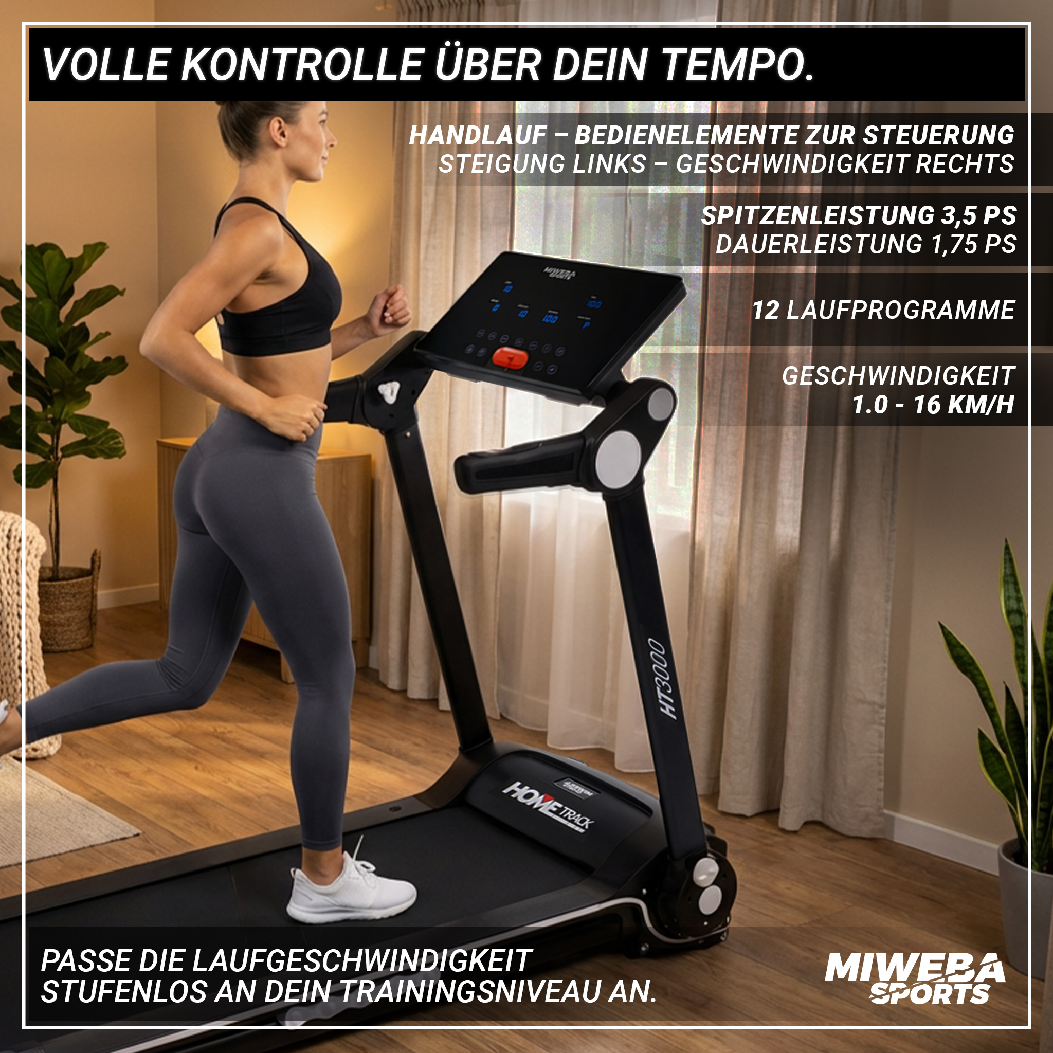 Frau läuft auf Laufband mit Anzeige von Leistung und Geschwindigkeit.