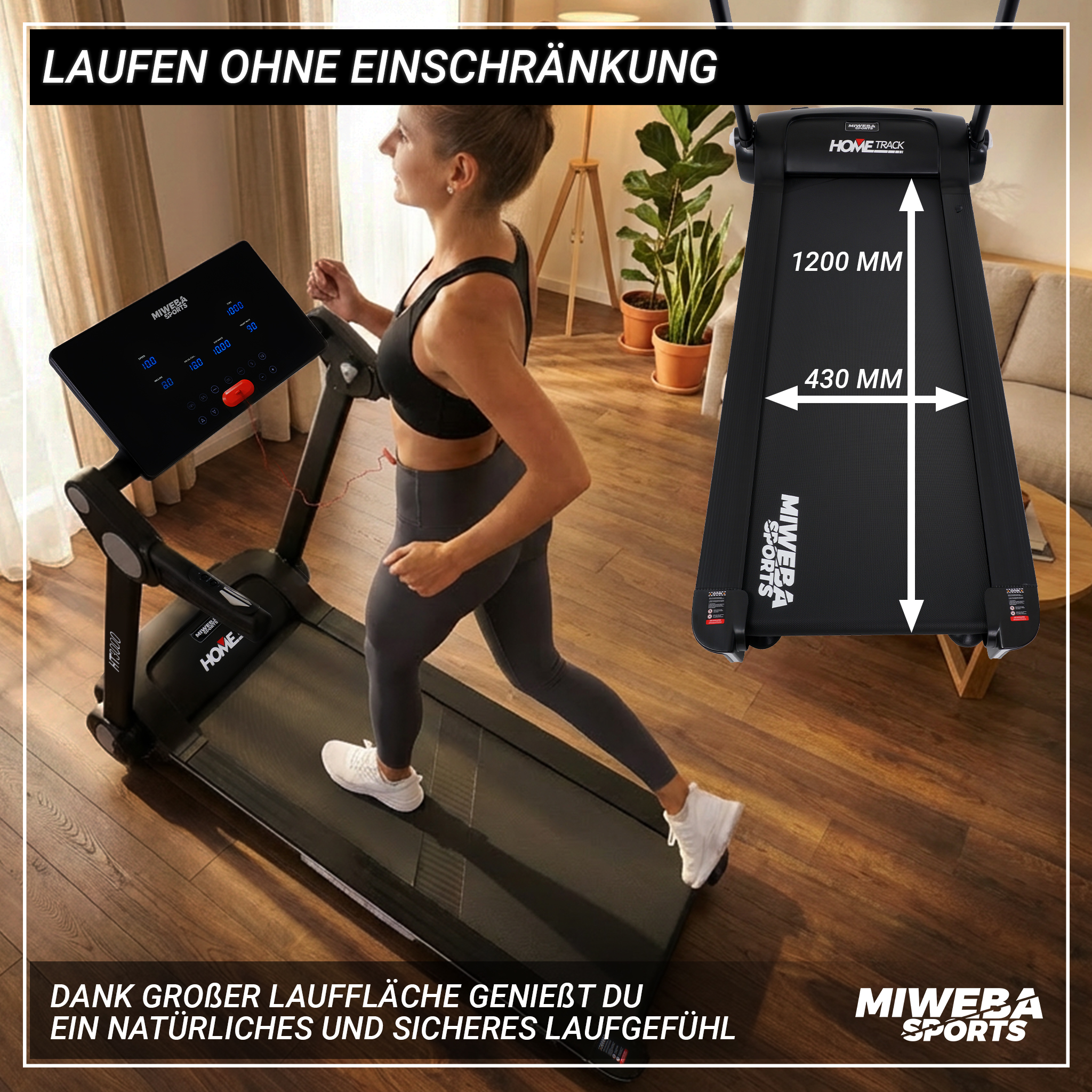 Frau läuft auf Laufband in einem Wohnzimmer. Maße 1200x430mm.