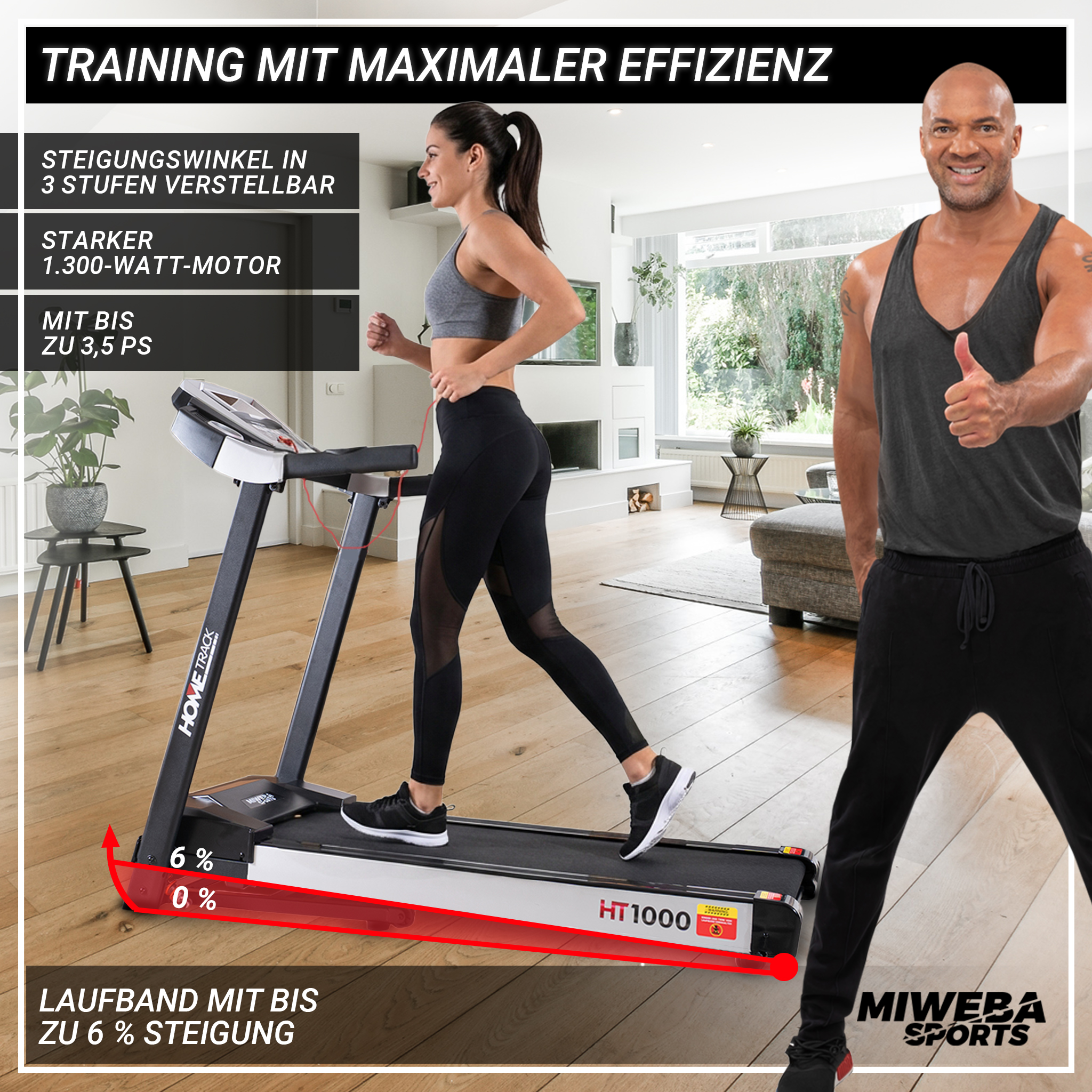 Ein Mann gibt Daumen hoch, eine Frau läuft auf einem Laufband mit Steigungsanzeige.