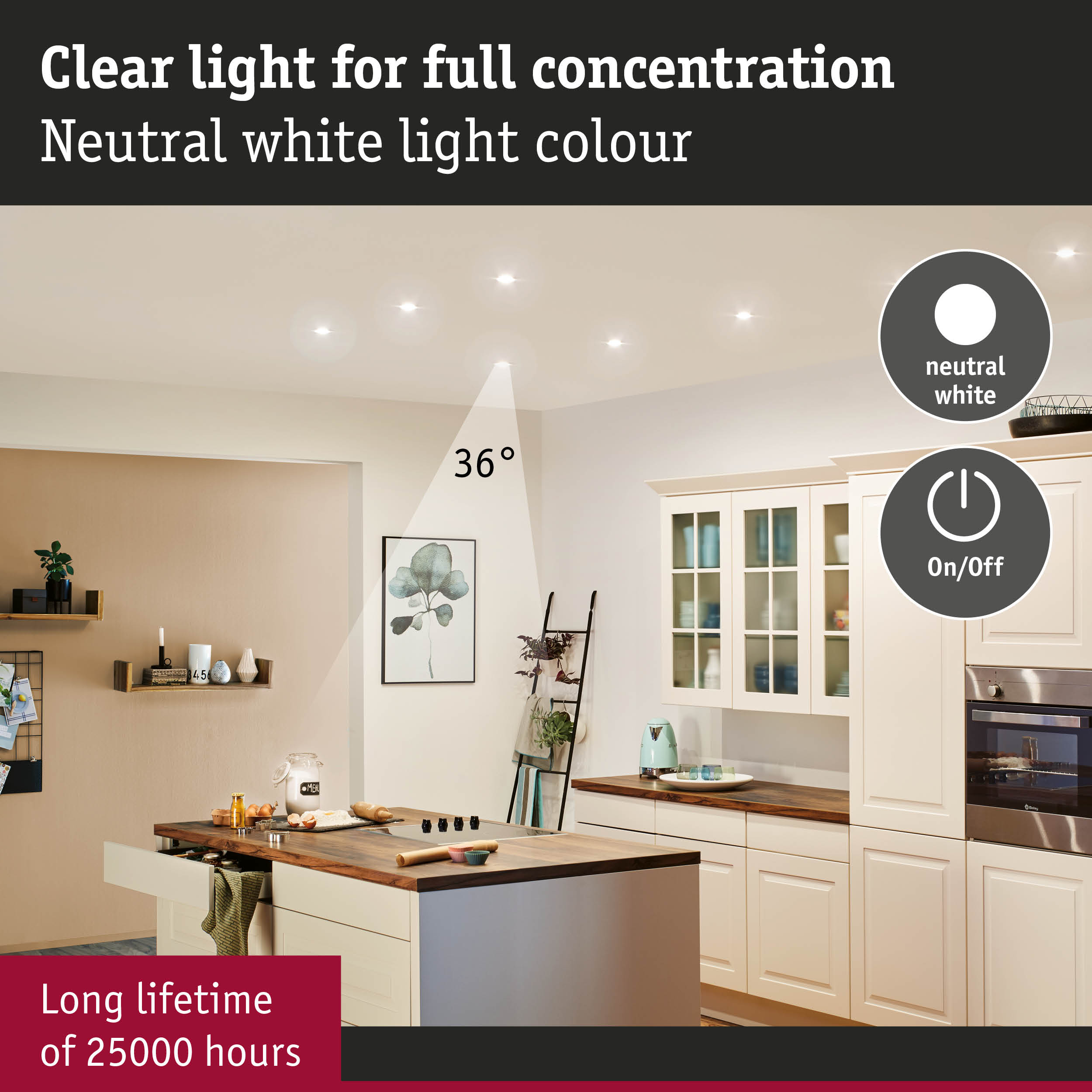 Nowoczesna kuchnia z wyspą, oświetleniem sufitowym i neutralnym białym światłem.