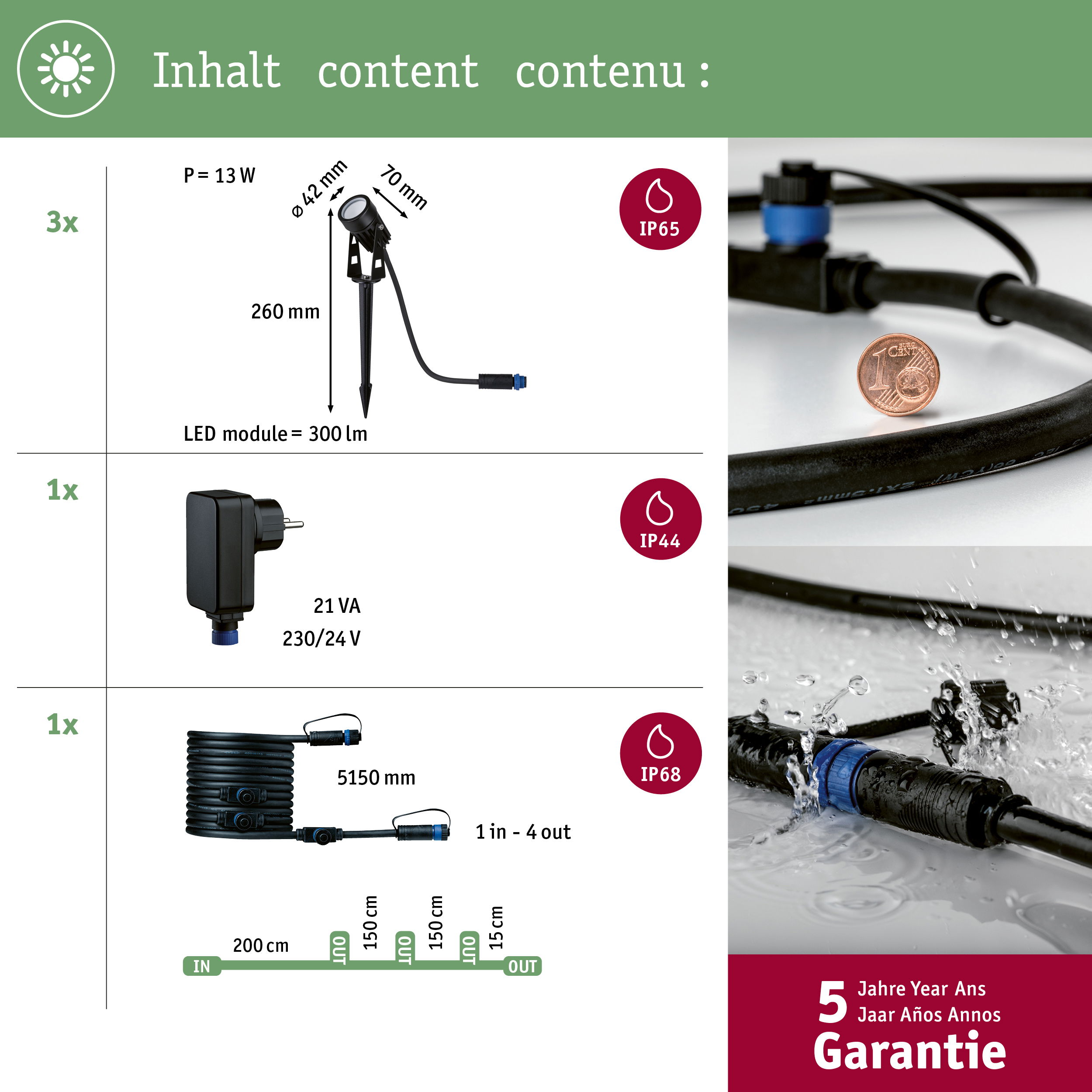 Zdjęcie przedstawia elementy oświetlenia ogrodowego: 3 spoty, 1 zasilacz, 1 kabel.