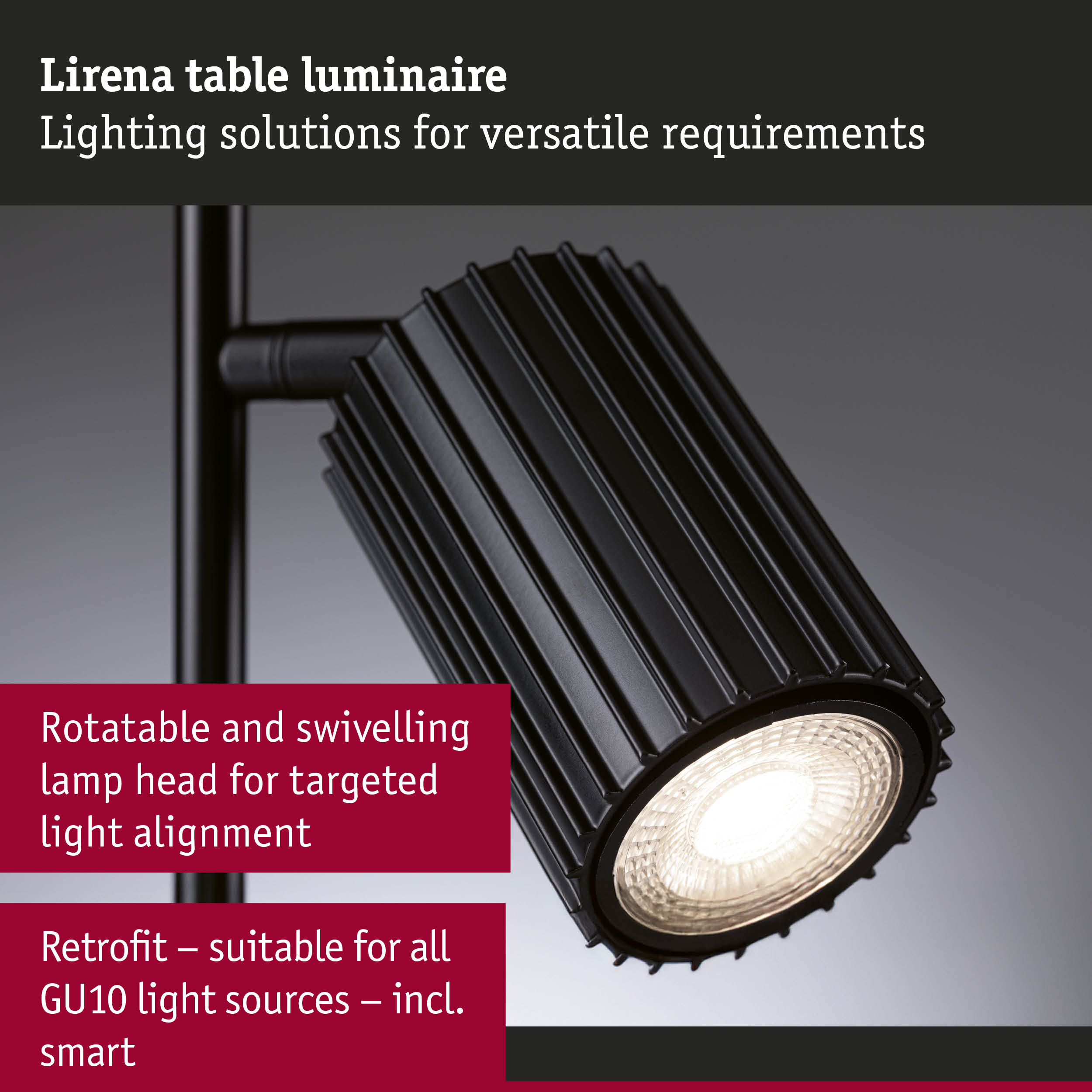 Czarna głowica lampy z żebrowaną obudową i gniazdem GU10, obrotowa.