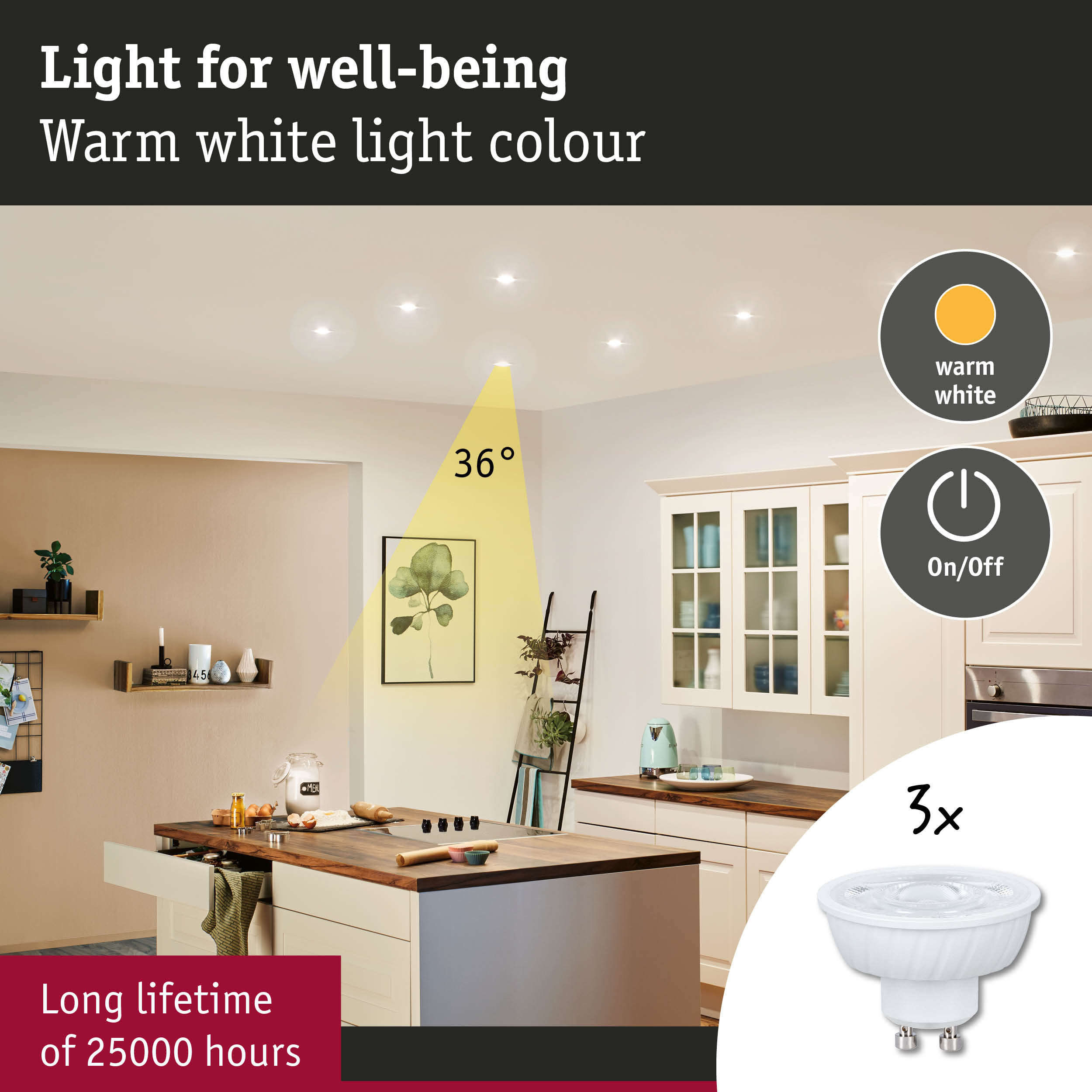 Nowoczesna kuchnia z zabudową, wyspą i snopem ciepłego białego światła.