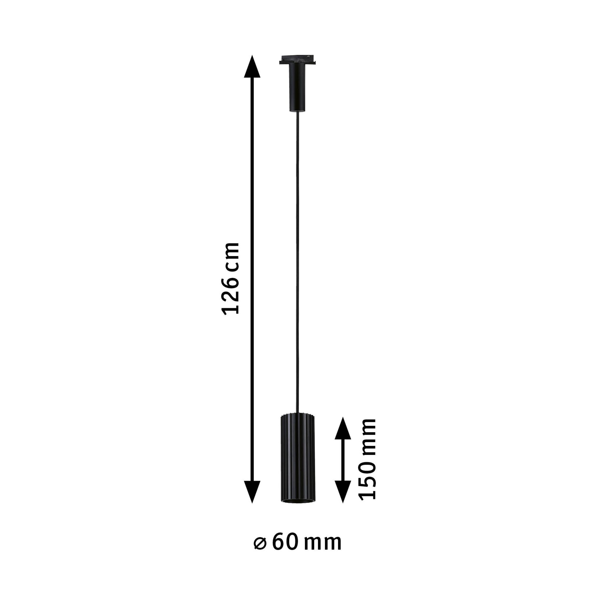 Czarna lampa wisząca o wymiarach: 126cm długości, średnica 60mm, wysokość 150mm.