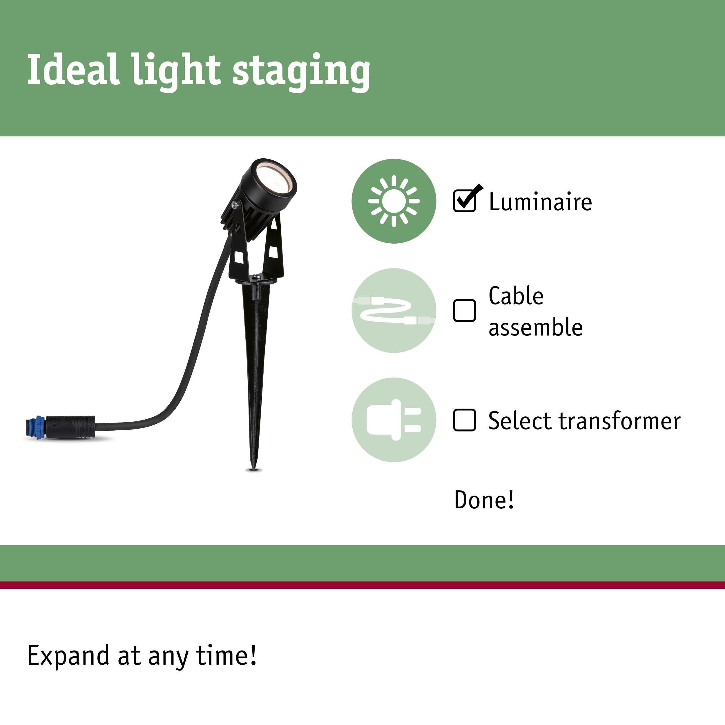 Czarna lampa ogrodowa z kablem, listą kontrolną i tekstem.