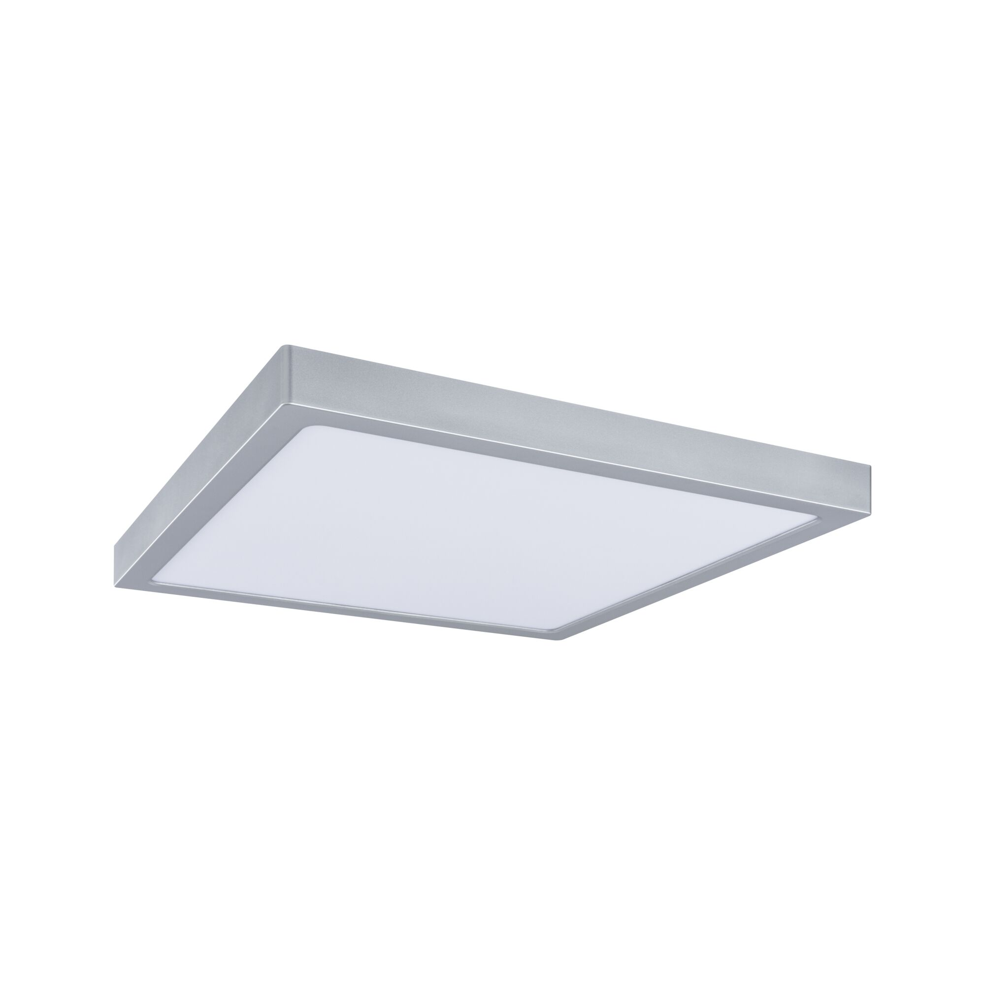 Eine flache, rechteckige Deckenleuchte mit silbernem Rahmen und weißer Lichtplatte.