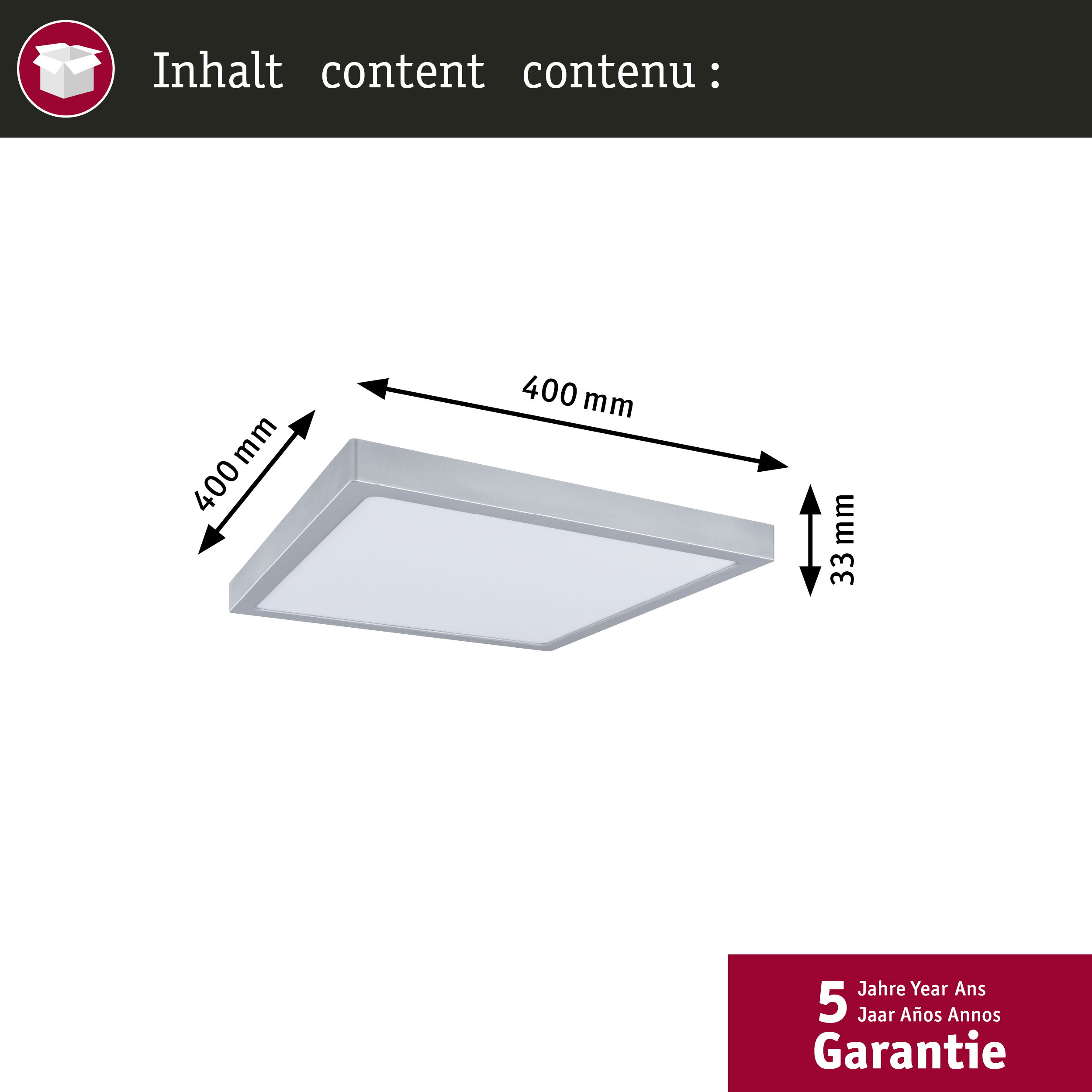 Quadrate Deckenleuchte, 400x400x33mm, mit Garantie.