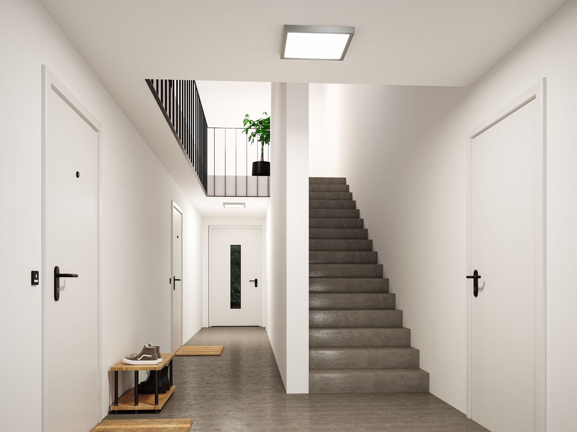 Moderner Flur mit Treppe, Türen und Schuhregal.