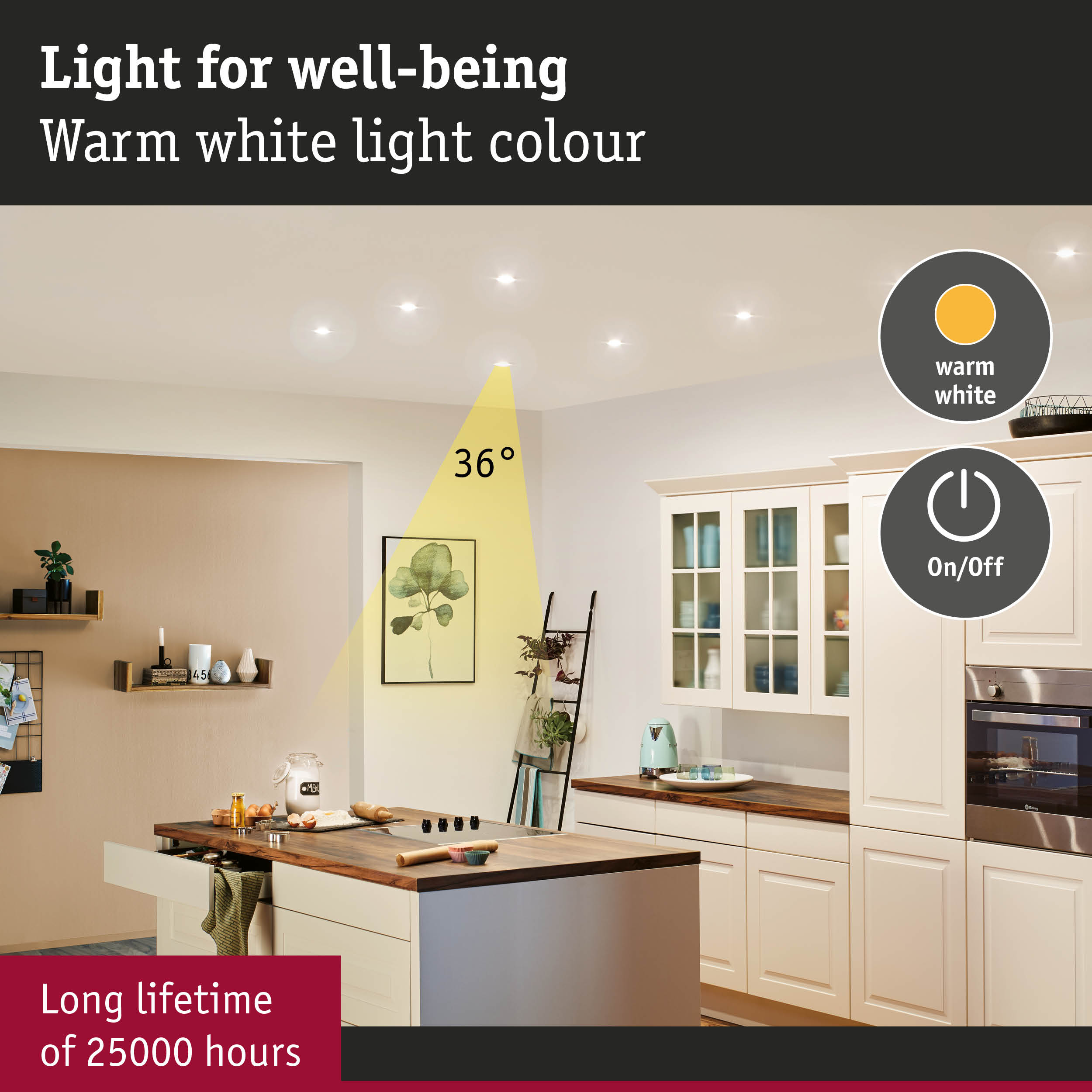 Nowoczesna kuchnia z ciepłym białym światłem, wyspą i urządzeniami.