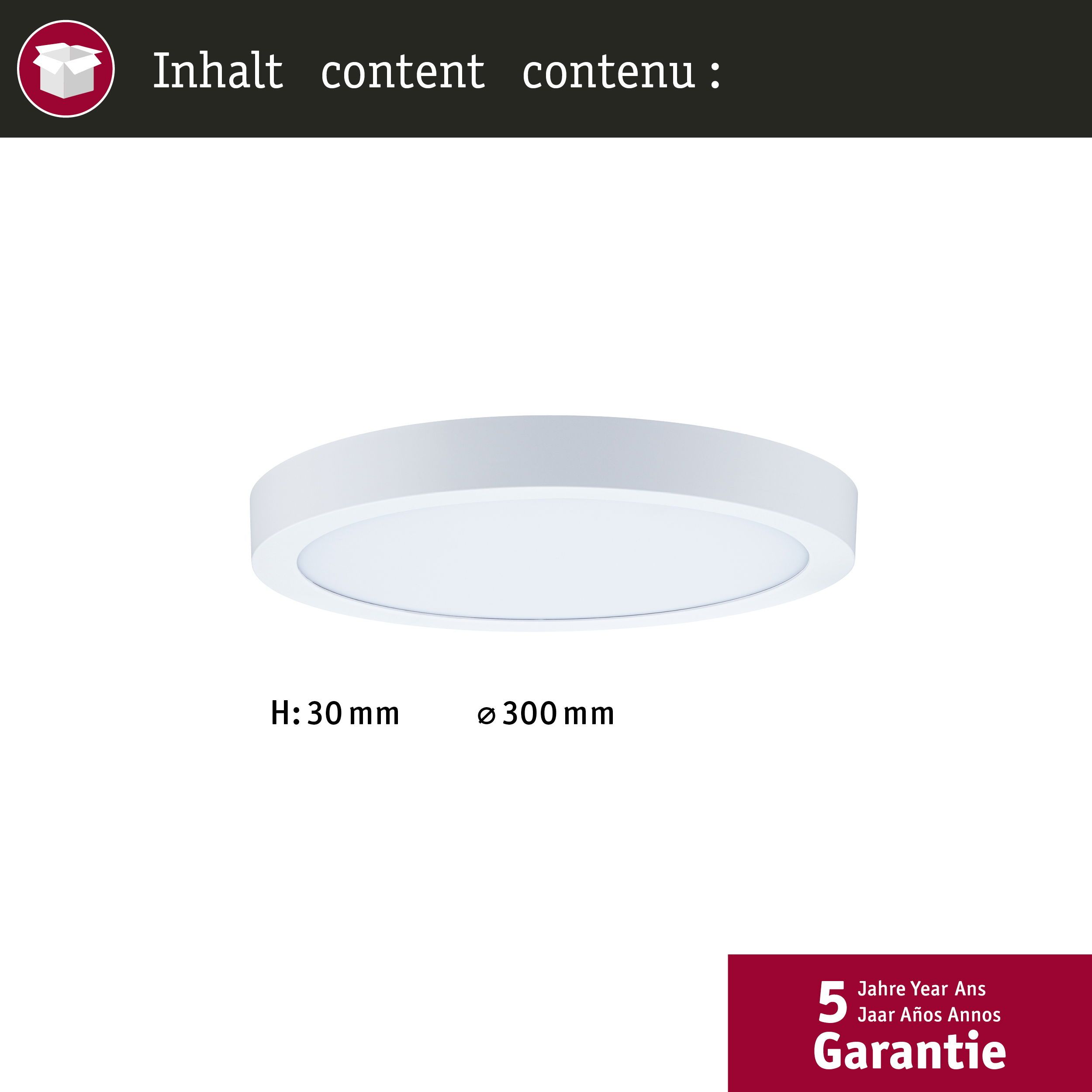 Biała lampa sufitowa, wys. 30mm, śr. 300mm. 5 lat gwarancji.
