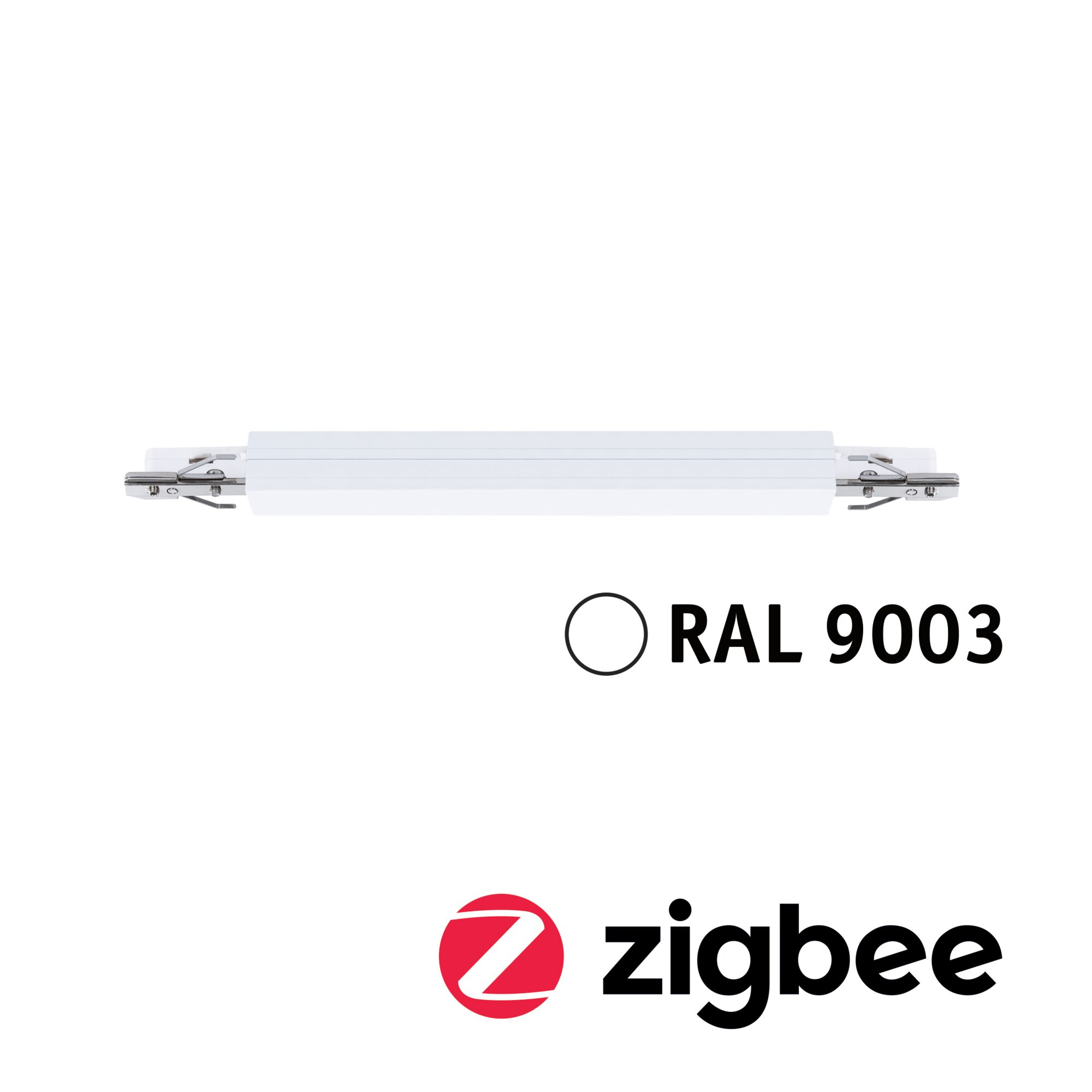 Białe urządzenie z metalowymi klipsami, oznaczeniem RAL 9003 i logo Zigbee.
