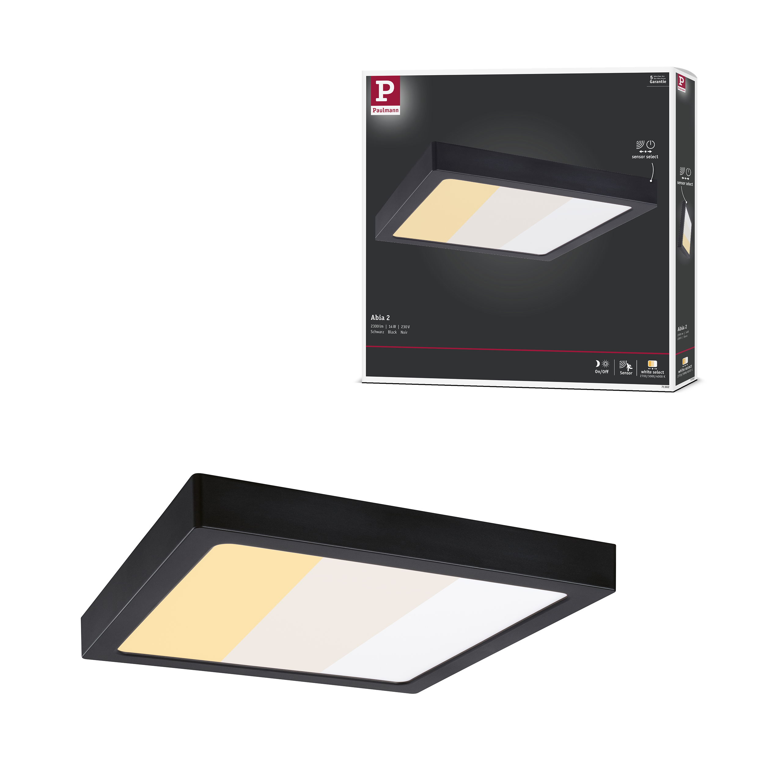 Czarna lampa sufitowa Paulmann z trójkolorowym panelem.
