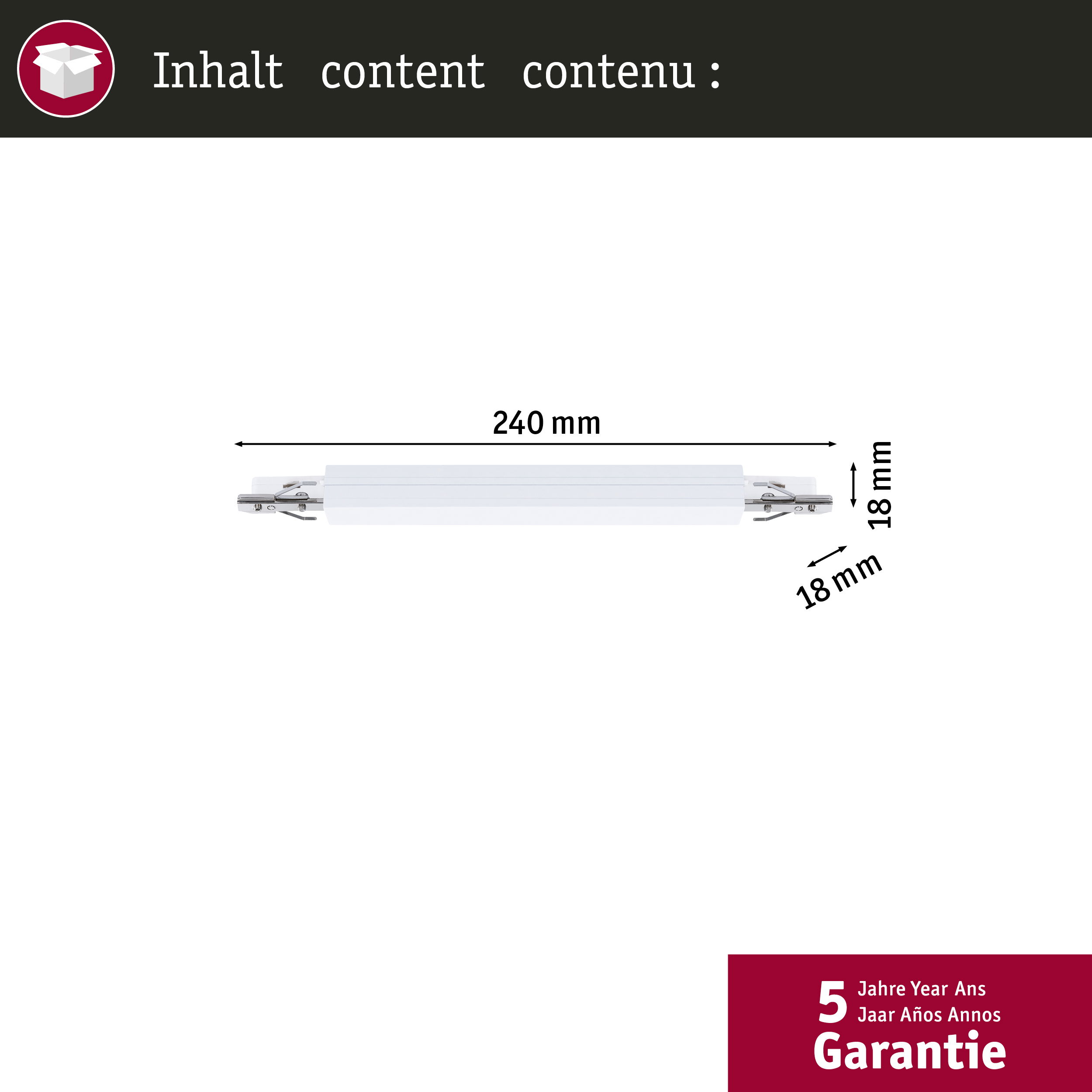 Biały produkt o wymiarach 240x18mm i 5-letniej gwarancji.