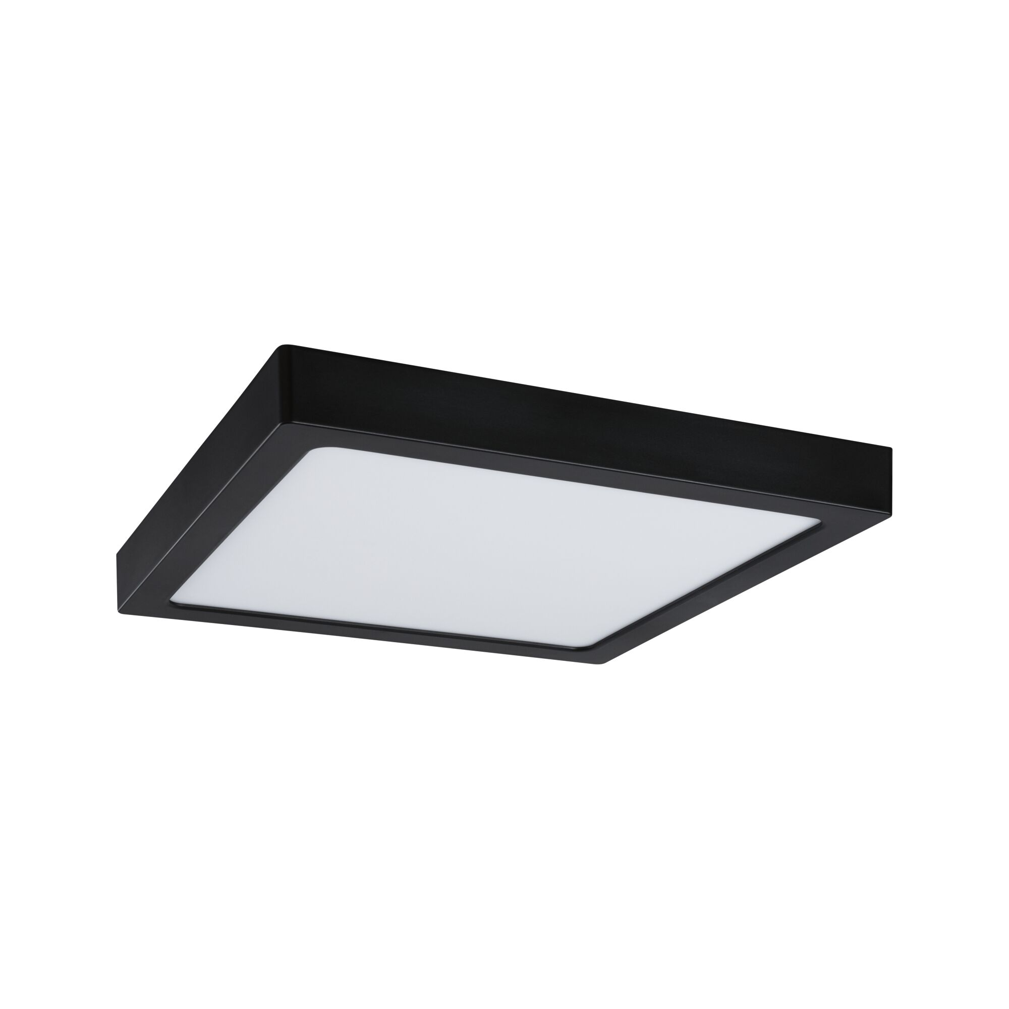 Czarna kwadratowa lampa sufitowa z białym, rozproszonym światłem.
