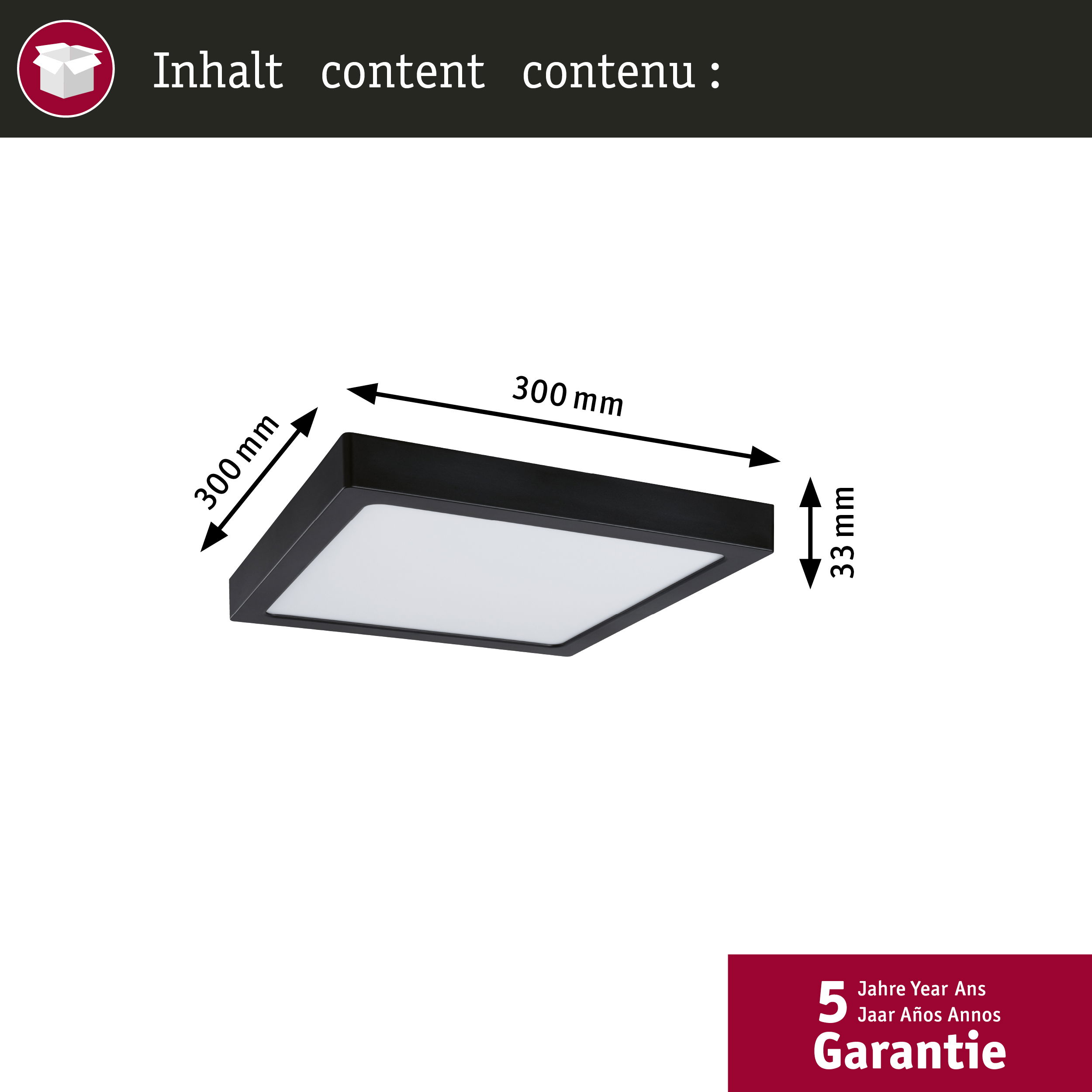 Czarna lampa sufitowa, 300x300x33mm, z wymiarami i 5-letnią gwarancją.
