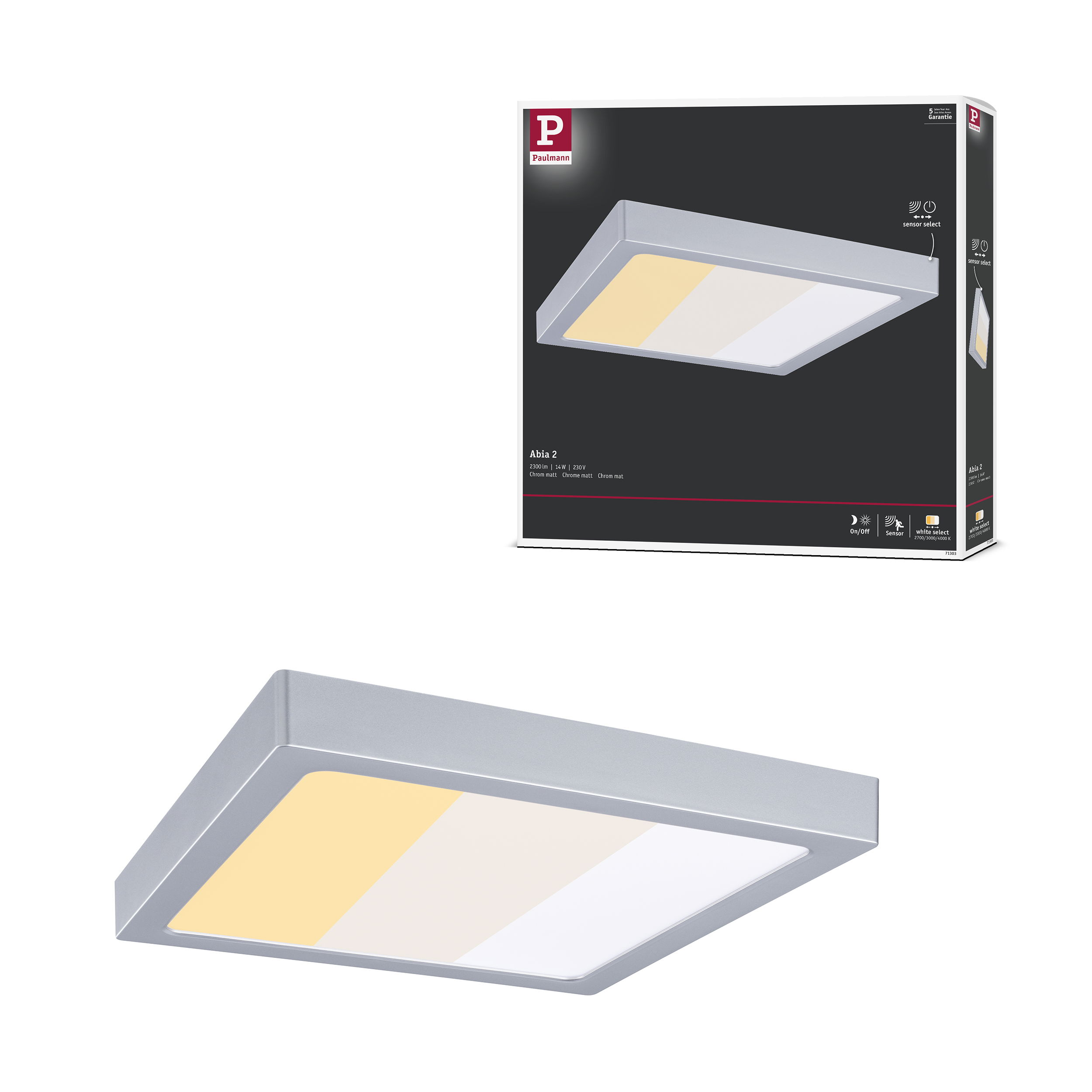 Prostokątna lampa sufitowa w srebrnej ramie z białym-żółtym światłem.