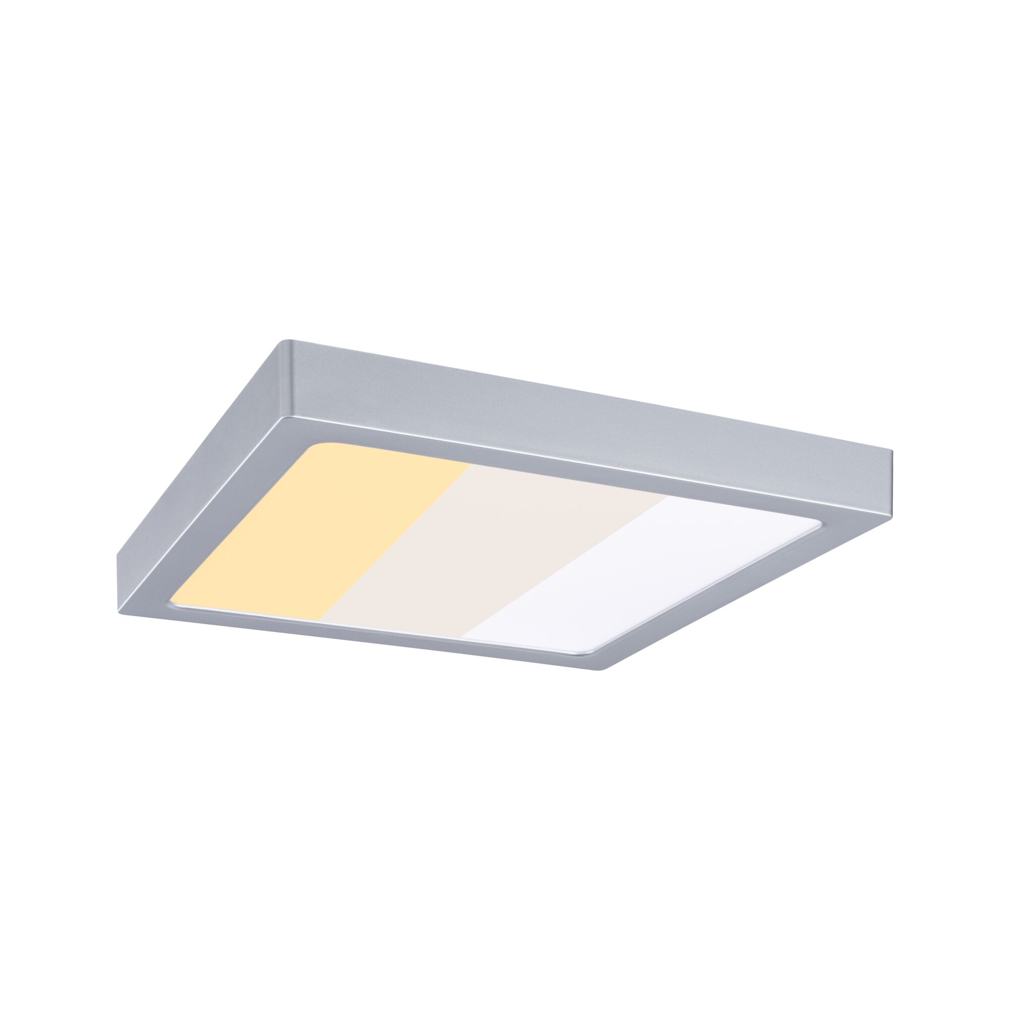 Prostokątna srebrna lampa sufitowa z trzema podświetlanymi segmentami.