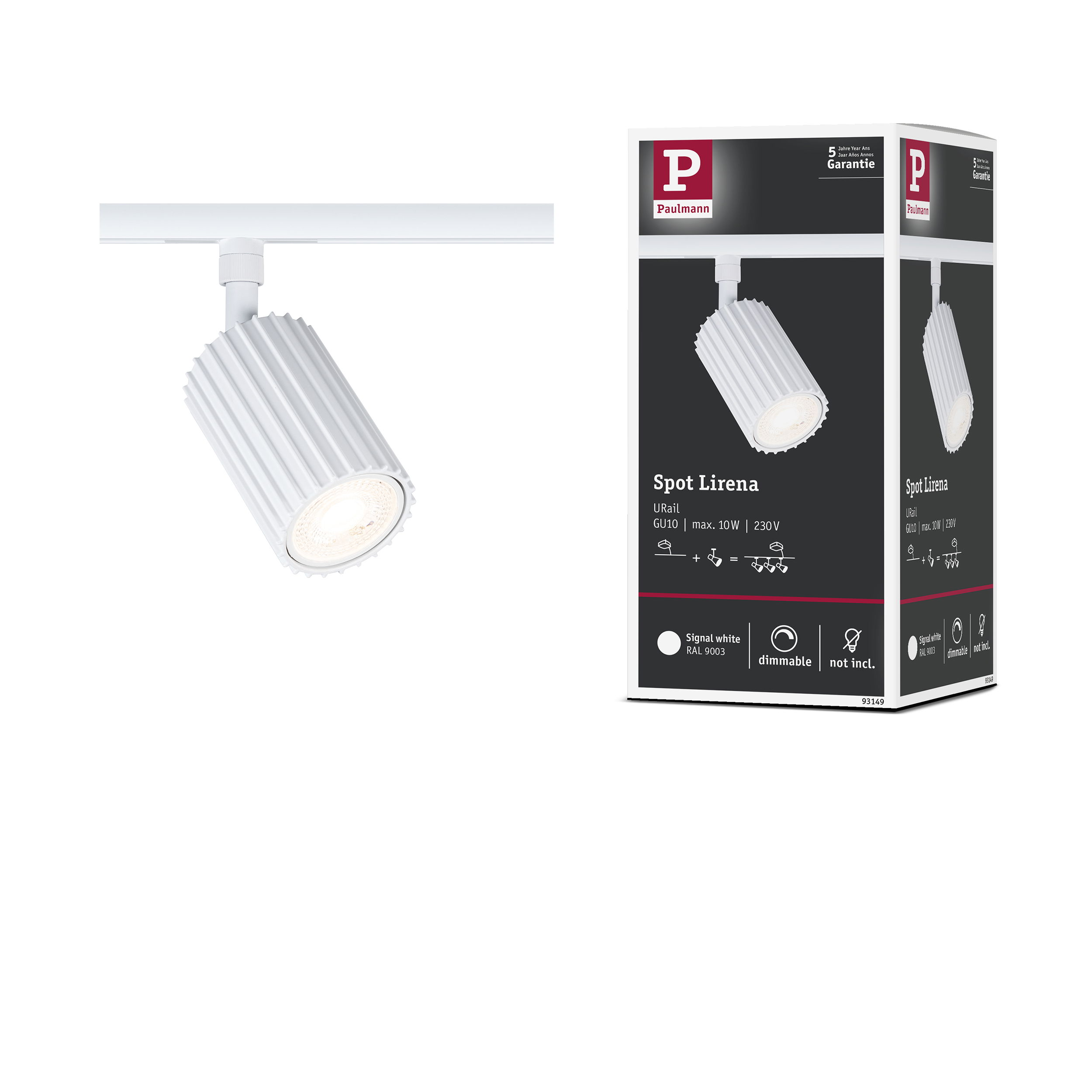 Biały spot Paulmann Spot Lirena na szynie. Opakowanie zawiera szczegóły.