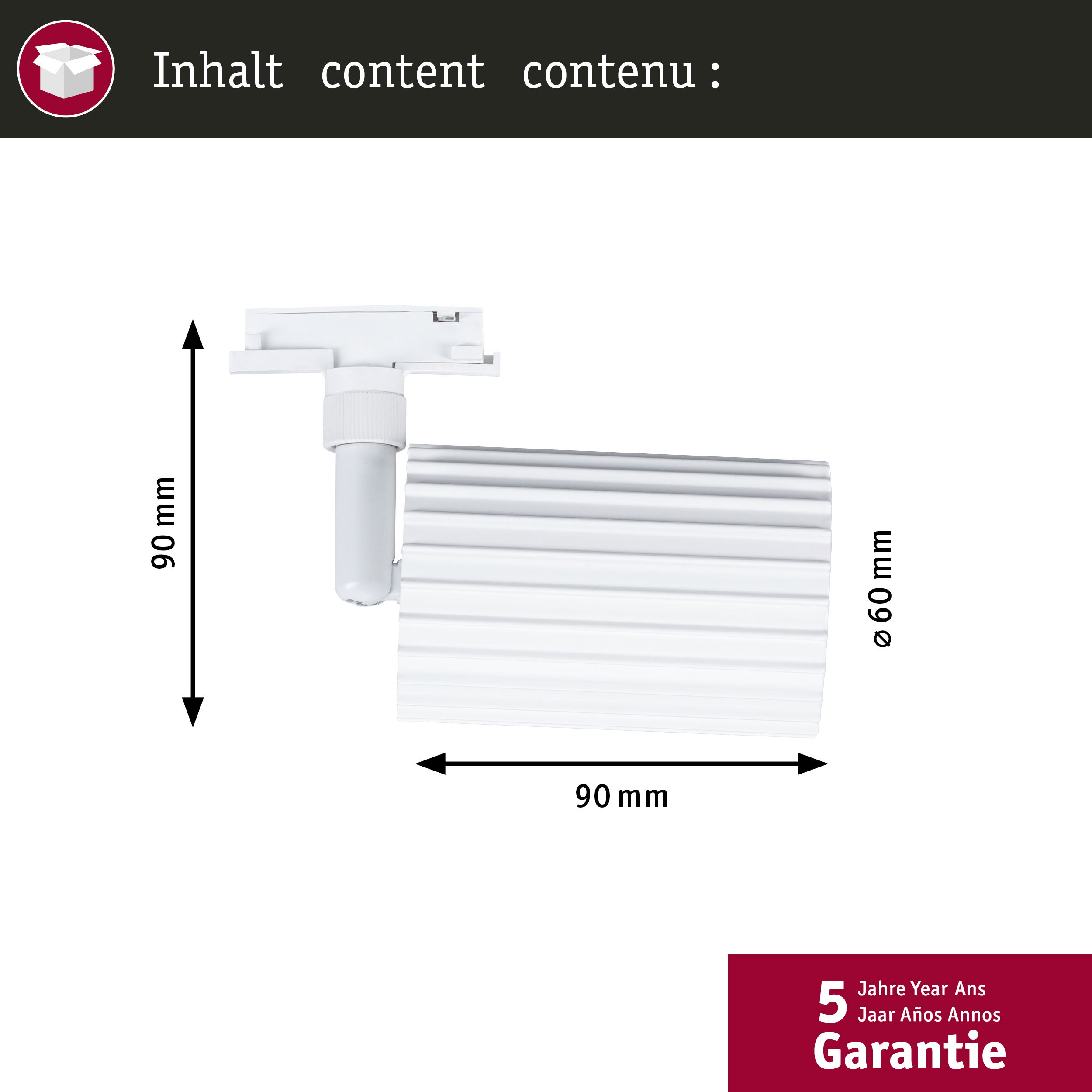 Biała lampa z wymiarami: 90 mm wysokości i 60 mm szerokości.