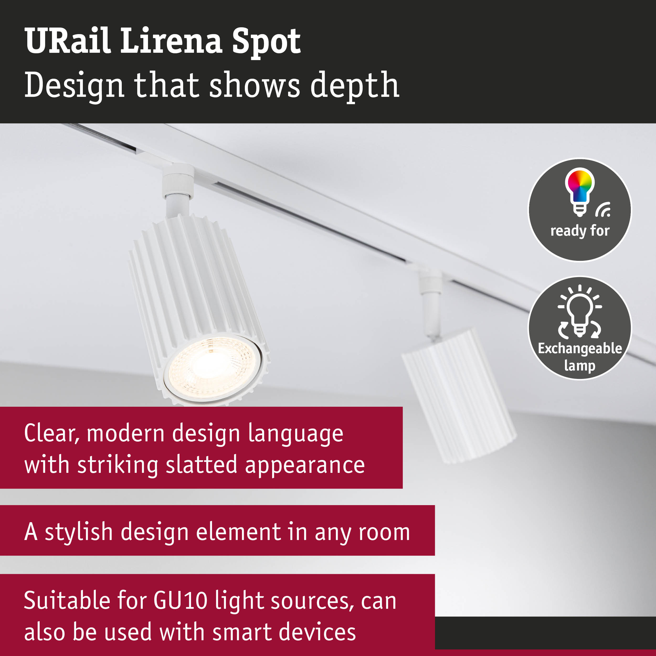 Białe reflektory szynowe z lamelami, gotowe na GU10 i inteligentne urządzenia.