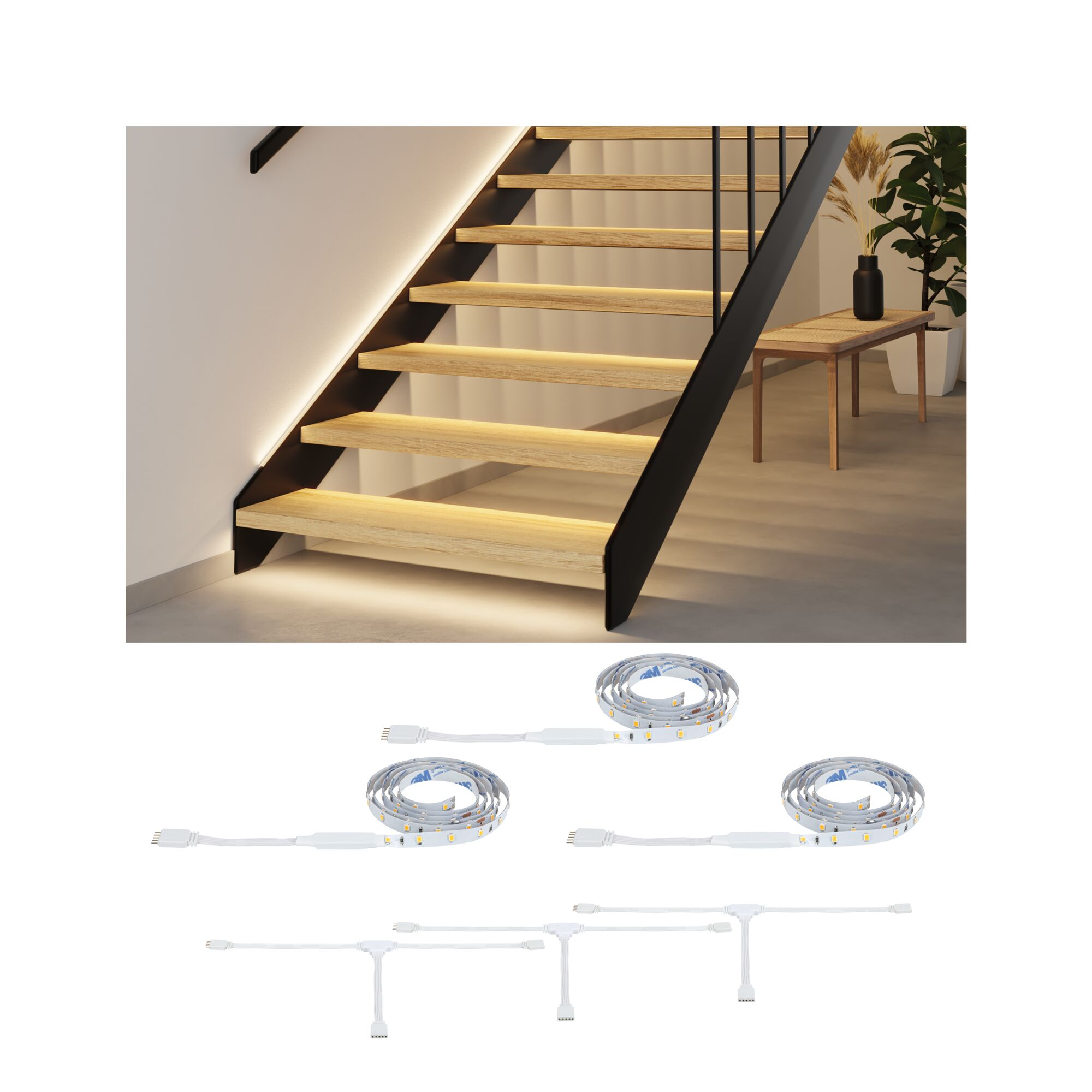 Holztreppe mit schwarzem Geländer und LED-Beleuchtung. Unten liegen Lichtleisten.