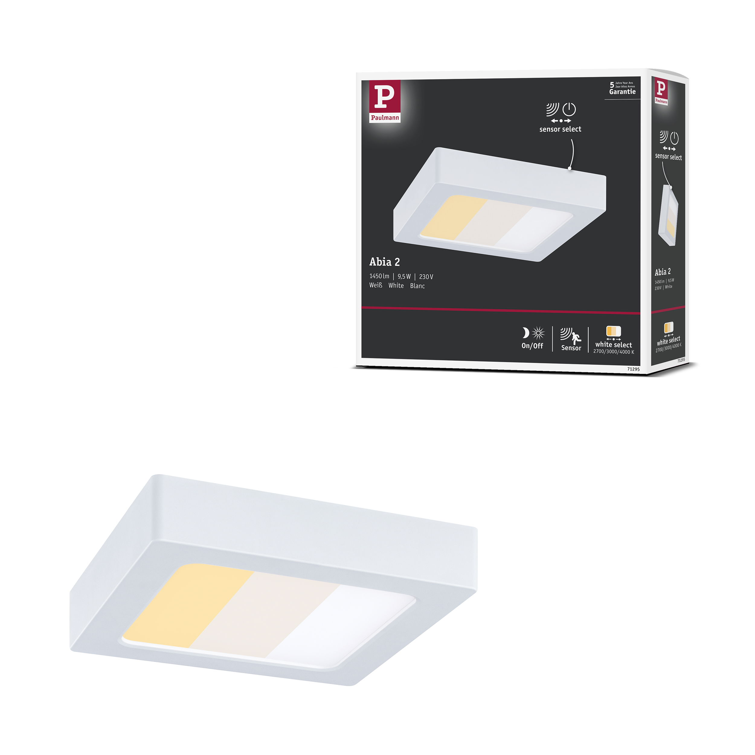 Biała lampa sufitowa Paulmann Abia 2 z funkcją czujnika.