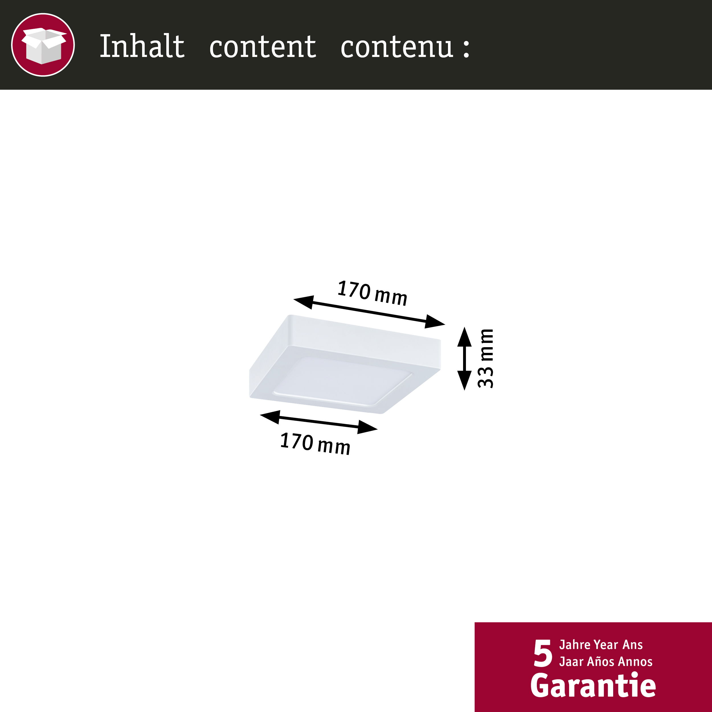 Biała kwadratowa lampa z wymiarami: 170x170x33 mm.