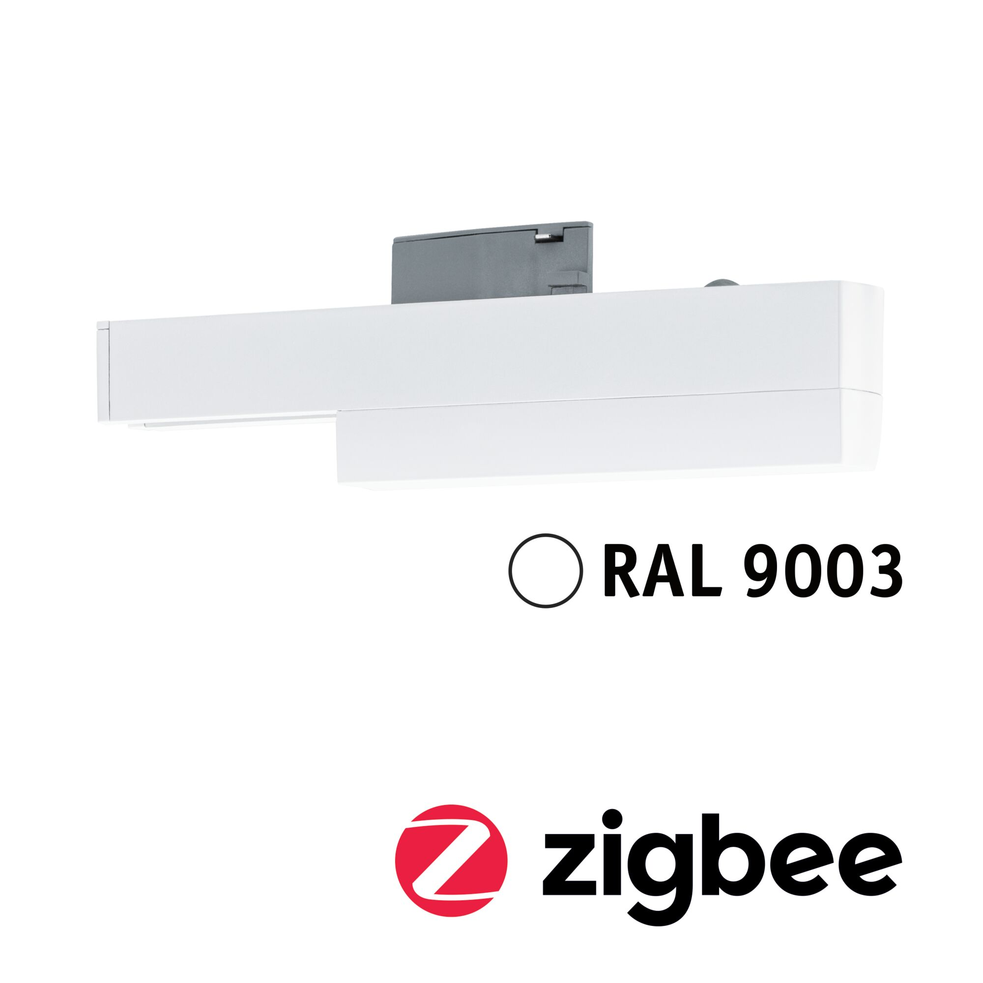 Białe urządzenie z szarymi elementami, RAL 9003 i logo Zigbee.