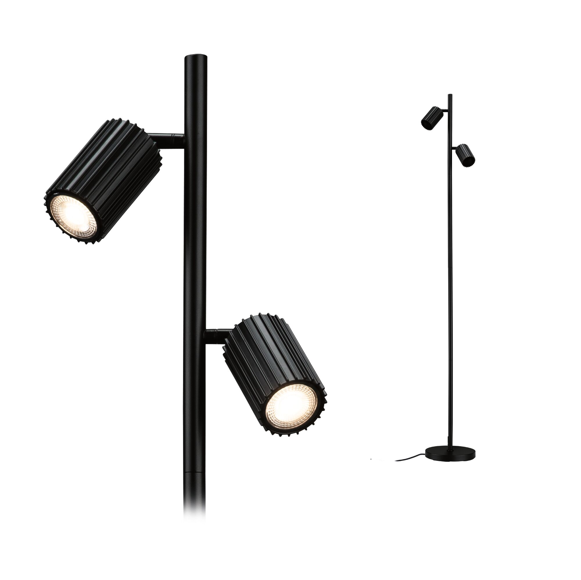 Lampadaire noir avec deux spots orientables sur fond blanc.