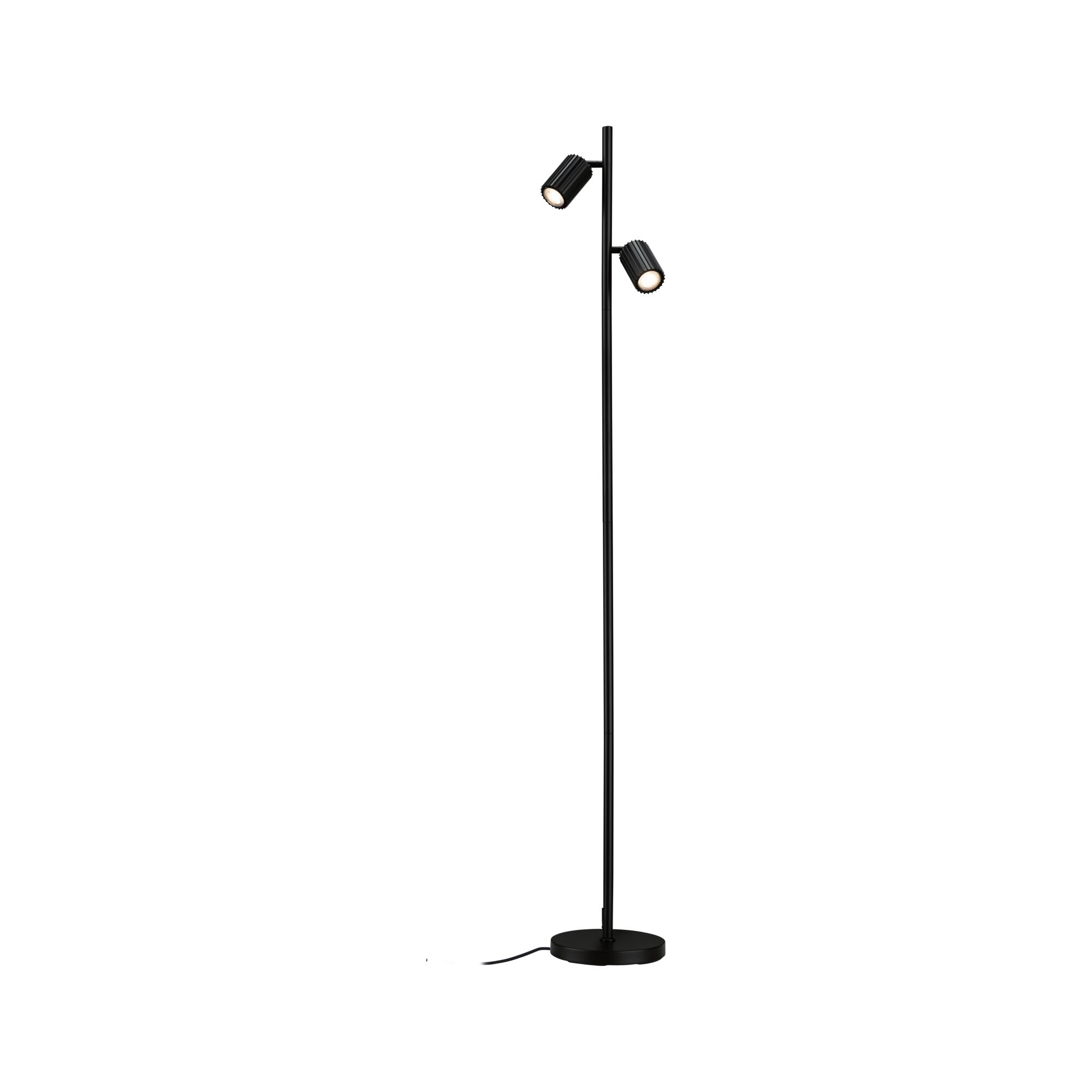 Lampadaire noir avec deux têtes de spot sur base ronde.