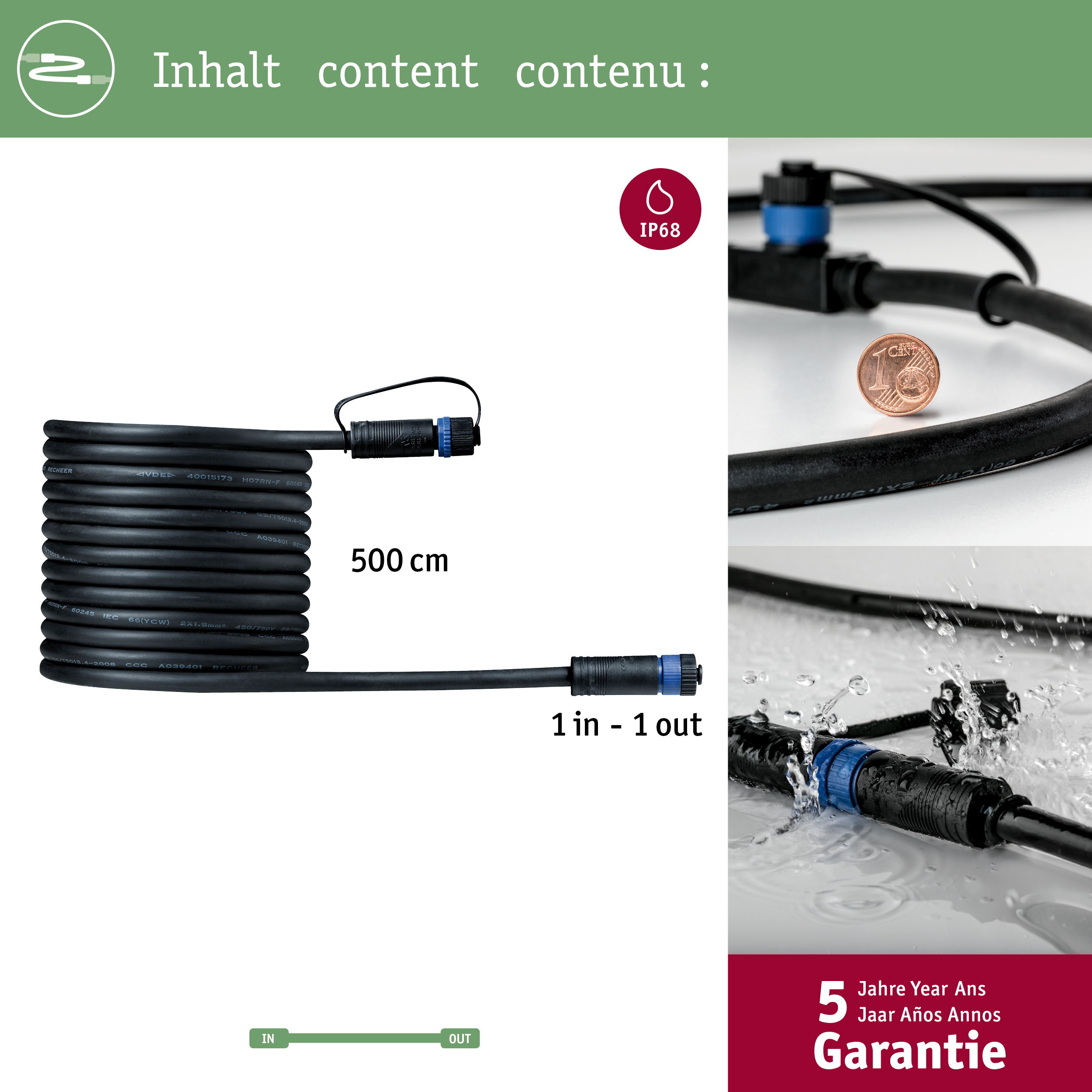 Czarny kabel 500 cm, rozdzielacz 1-wejście-1-wyjście, klasa IP68, 5 lat gwarancji.