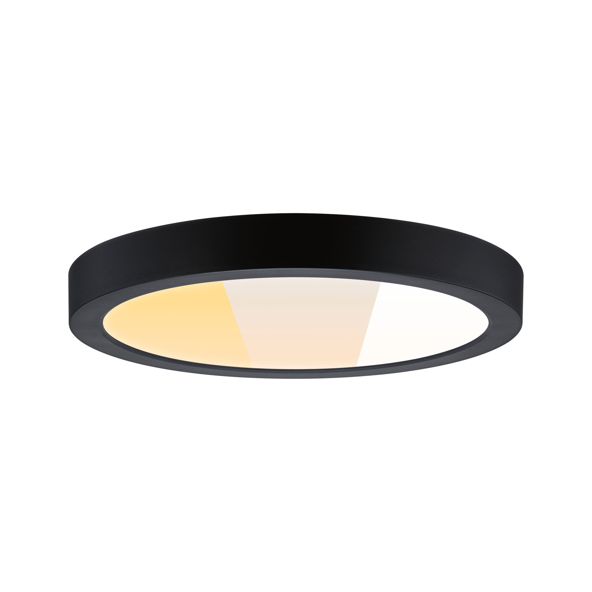Schwarze Deckenleuchte mit drei Lichtsegmenten: warmgelb, hellgelb und weiß.