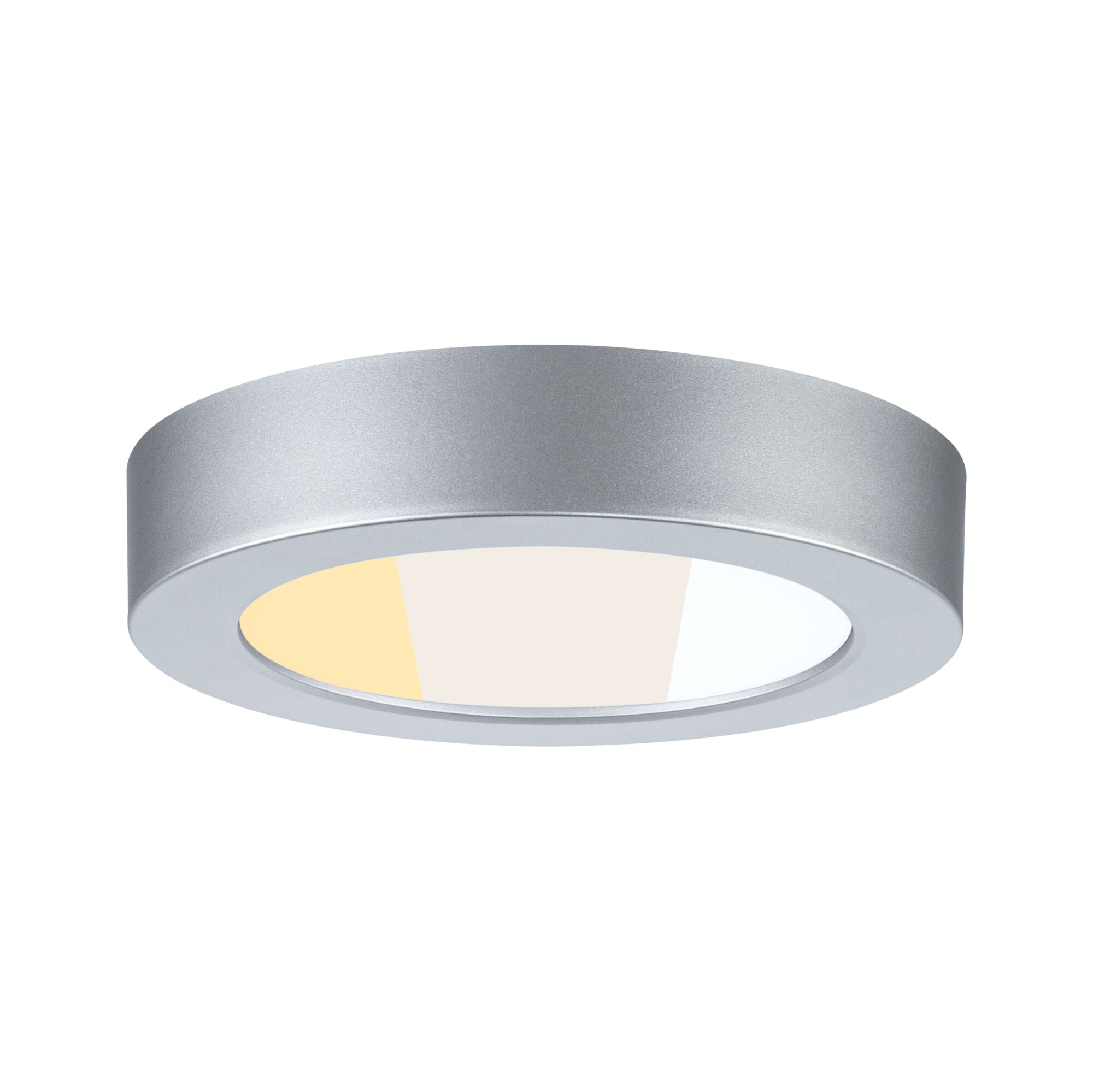 Srebrna lampa wpuszczana z trzema różnymi barwami światła.