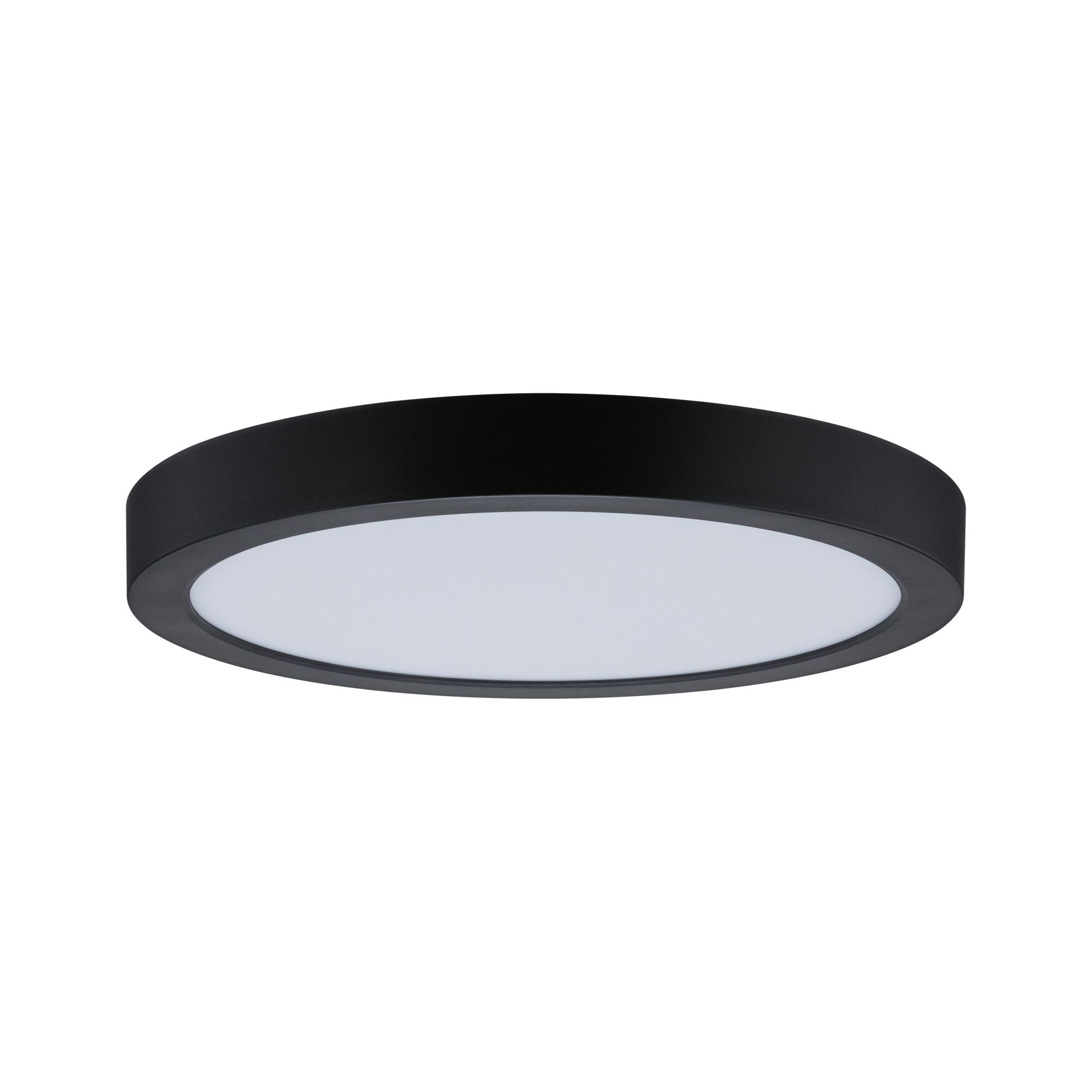 Eine schwarze, runde Deckenleuchte mit weißem Lichtdiffusor.