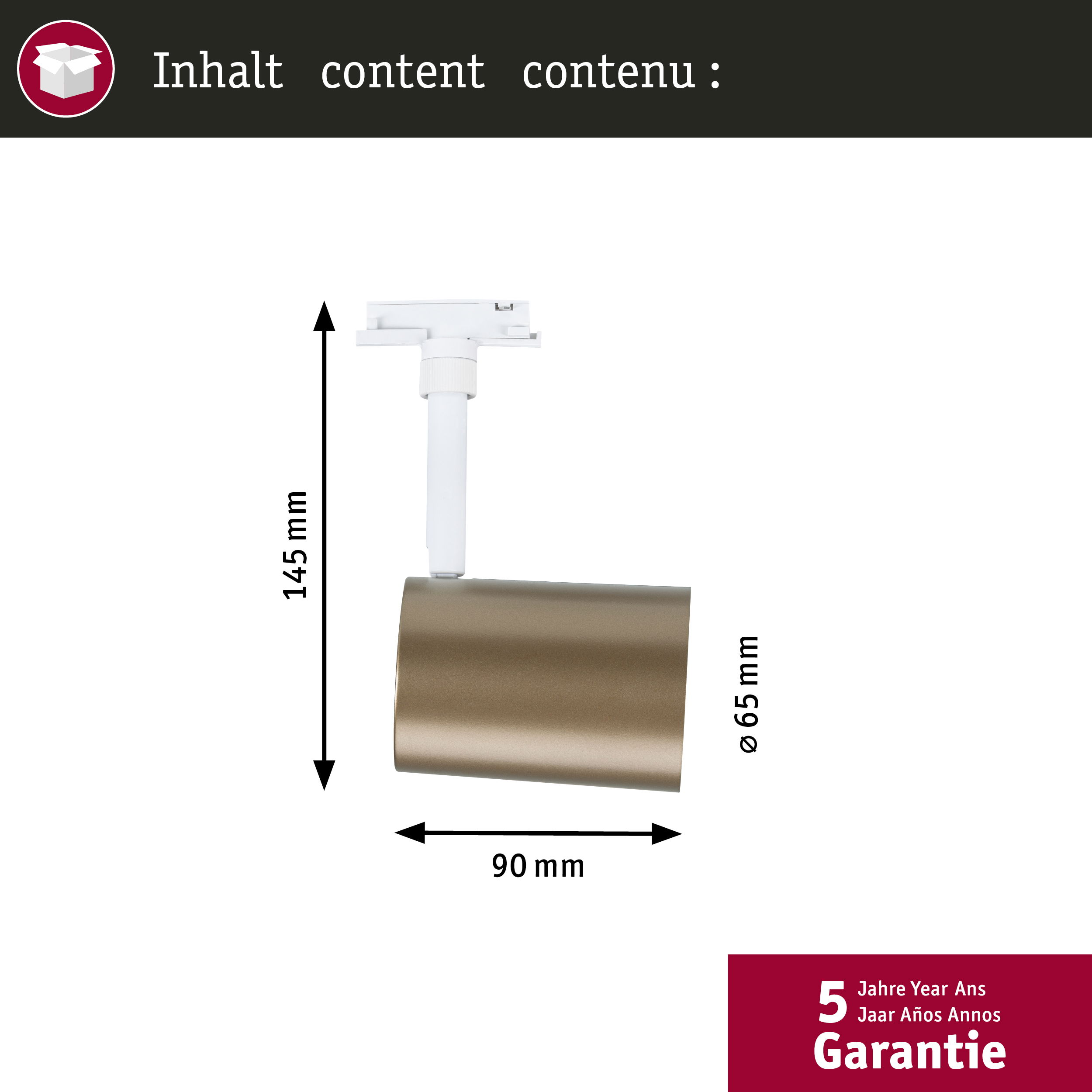 Ein bronzener Spot mit Maßen 90x145mm und 65mm Durchmesser.