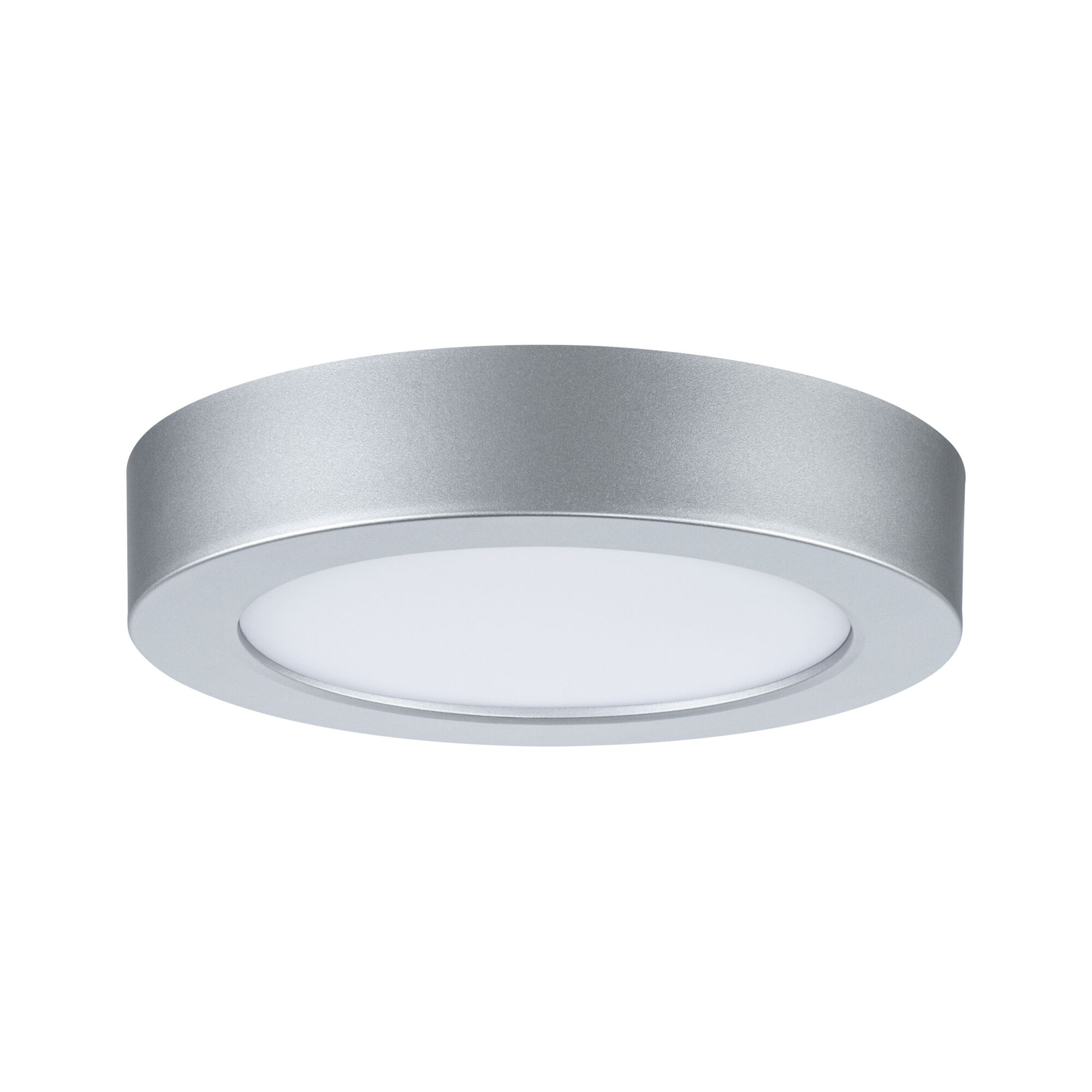 Srebrna lampa sufitowa z okrągłym, białym źródłem światła.