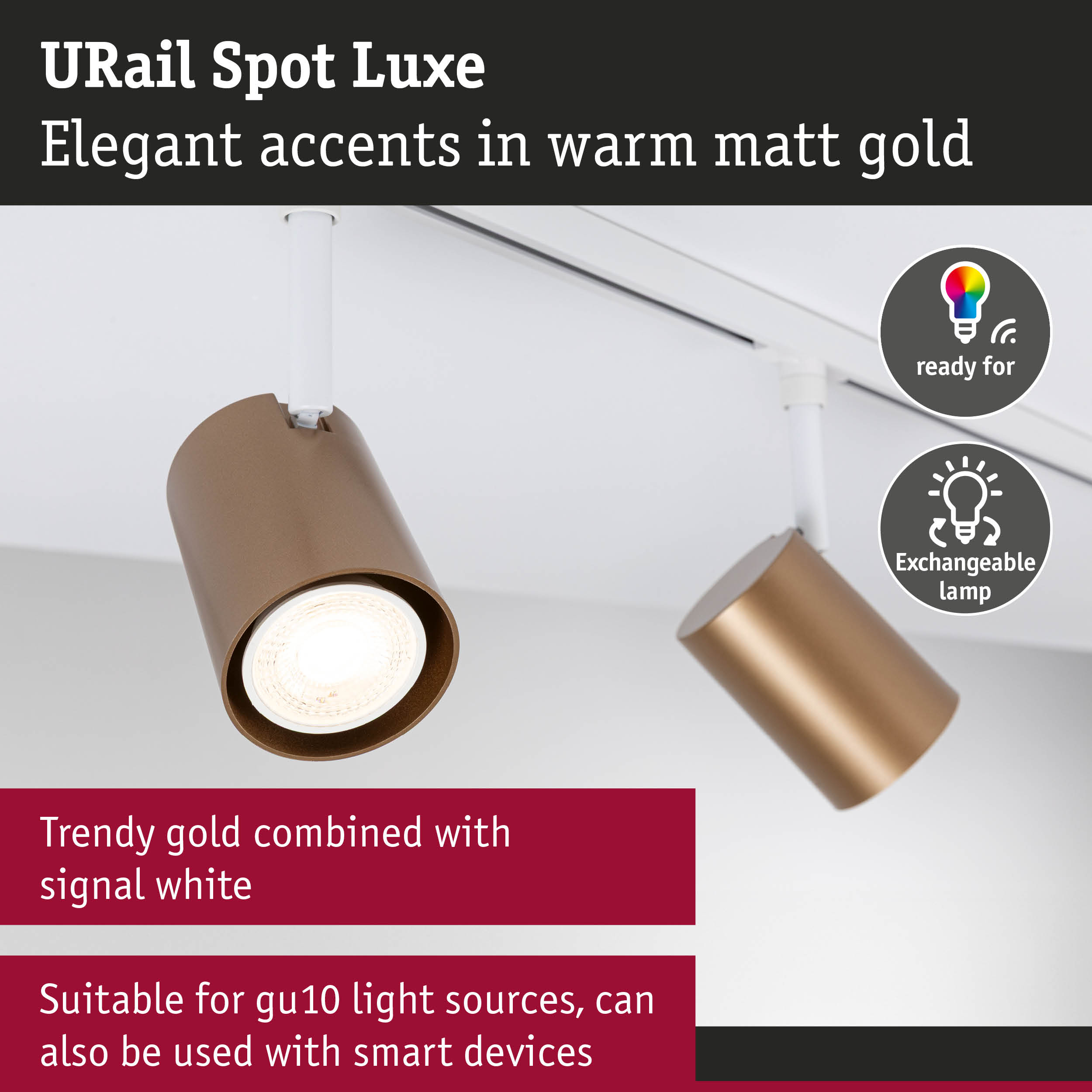 Zwei goldene GU10-Schienenstrahler auf einer weißen Schiene, bereit für Smart-Geräte.