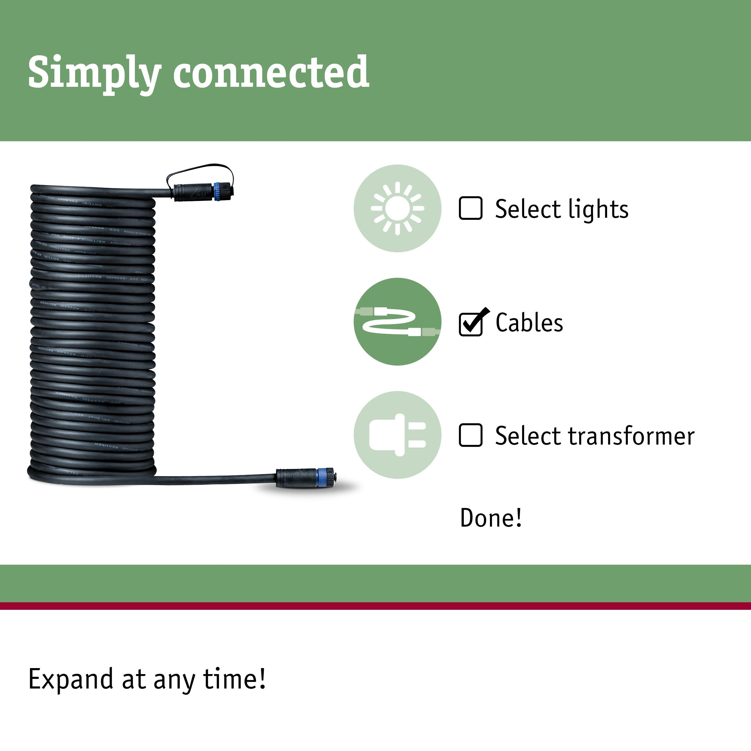 Zwijany czarny kabel obok ikon świateł, kabli (z zaznaczeniem) i wtyczki.