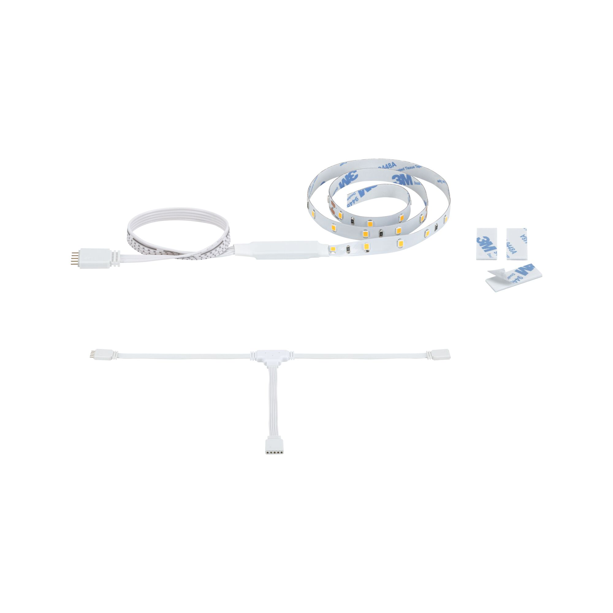LED-Streifen mit weißem Kabel, Stecker, Verbinder und Klebestreifen.