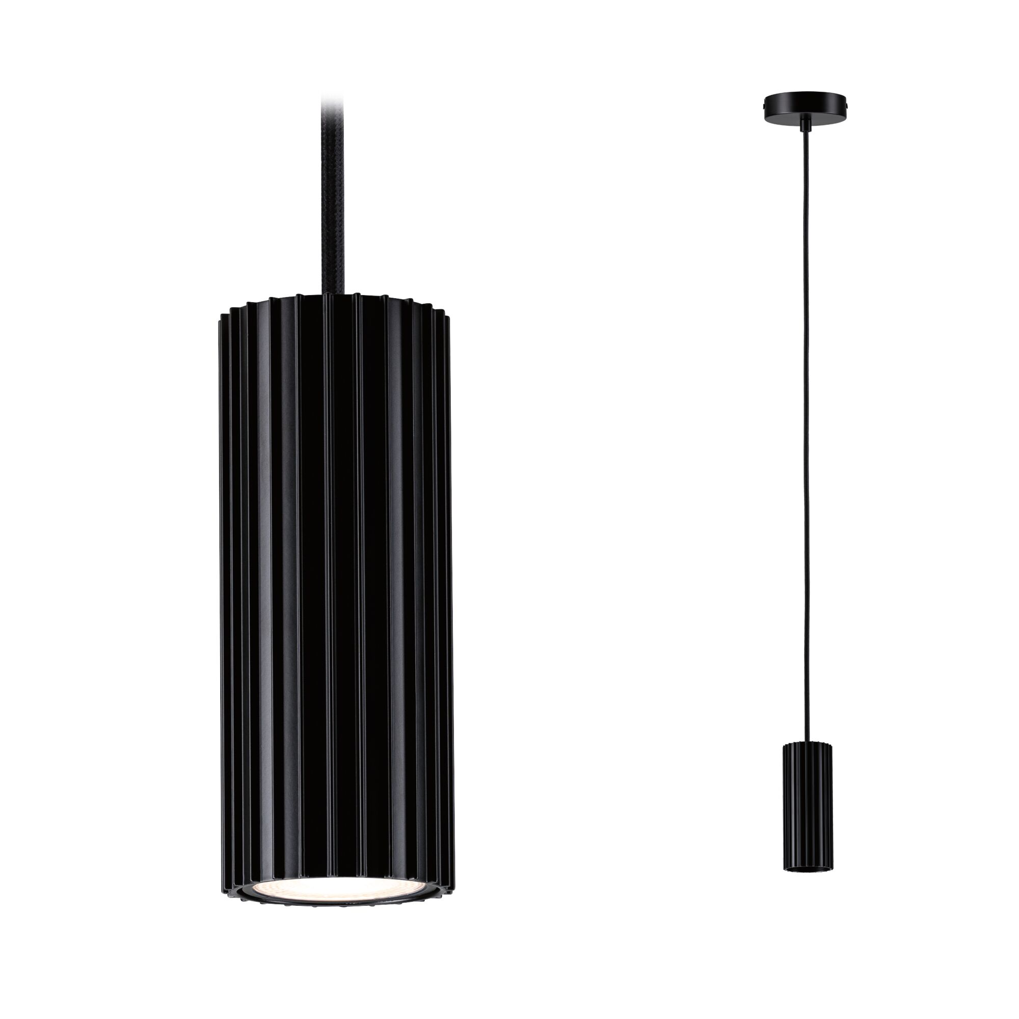 Plafonnier cylindrique noir avec rainures verticales, à gauche et à droite.