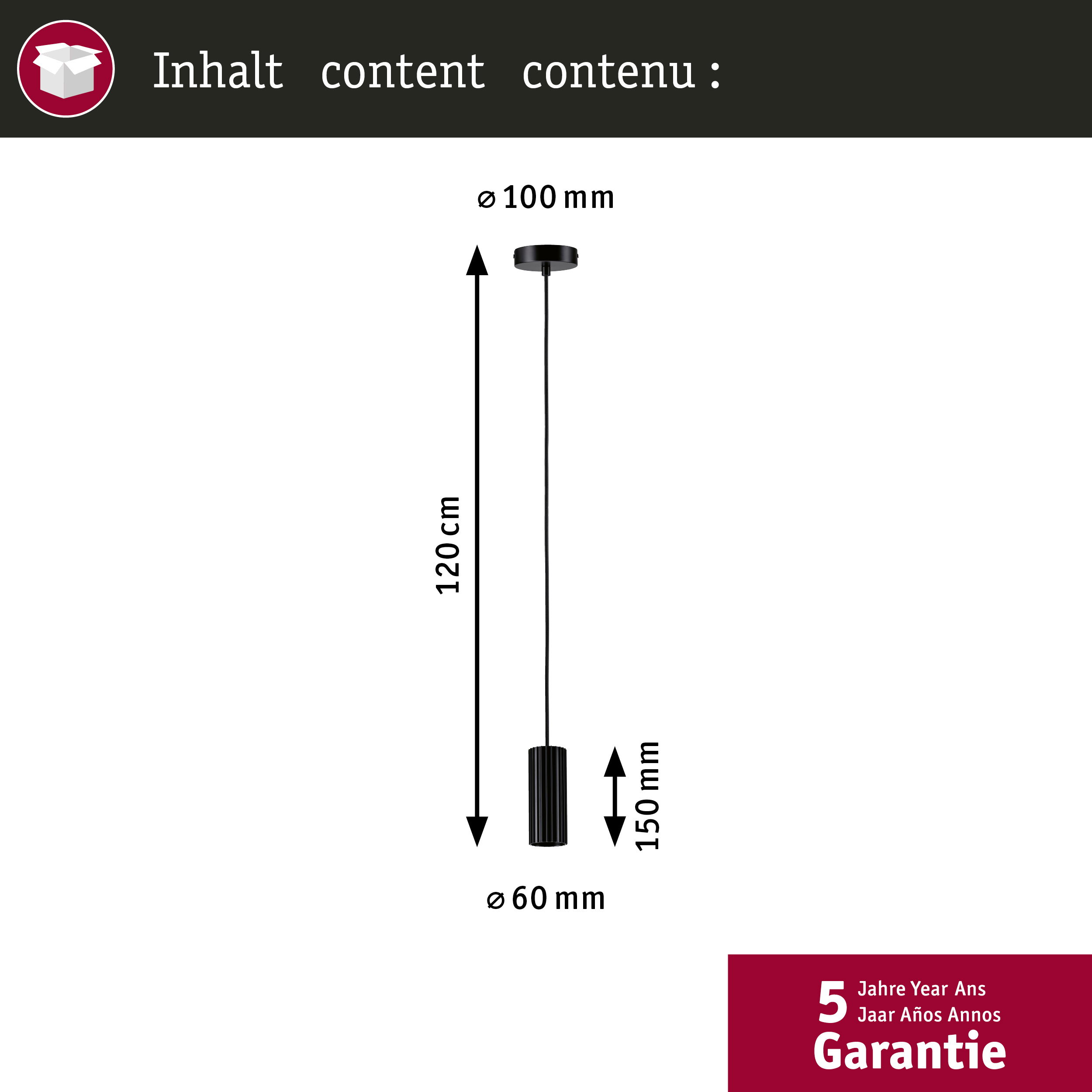 Dessin technique d'une suspension avec dimensions : 120cm de long, 100mm et 60mm de diamètre.